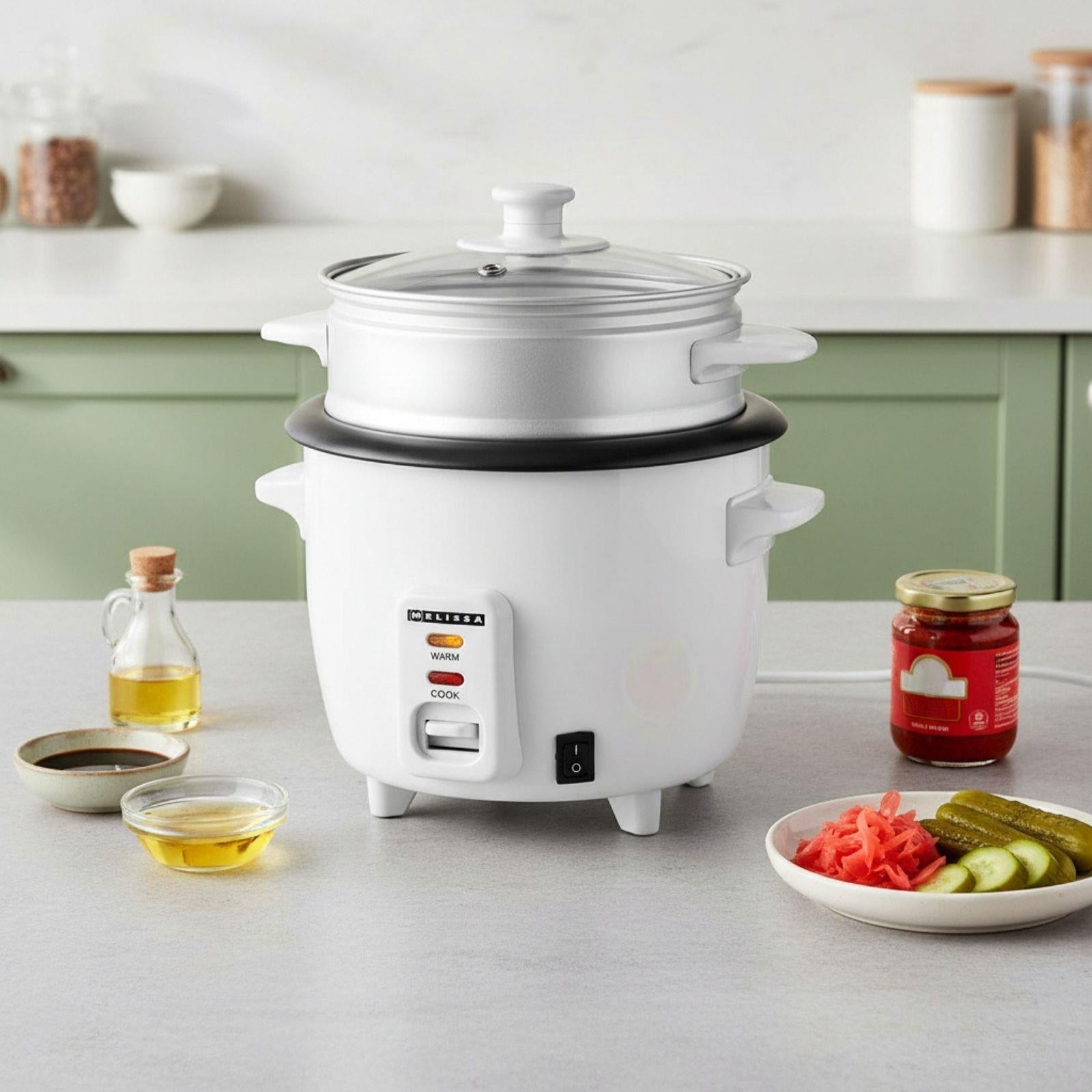 MELISSA 0.6L Rice Cooker & Steamer with Keep-Warm Function, 300W, for 1-2 People, Quick Preparation Without Burning, Non-Stick Coating incl. Steamer Insert