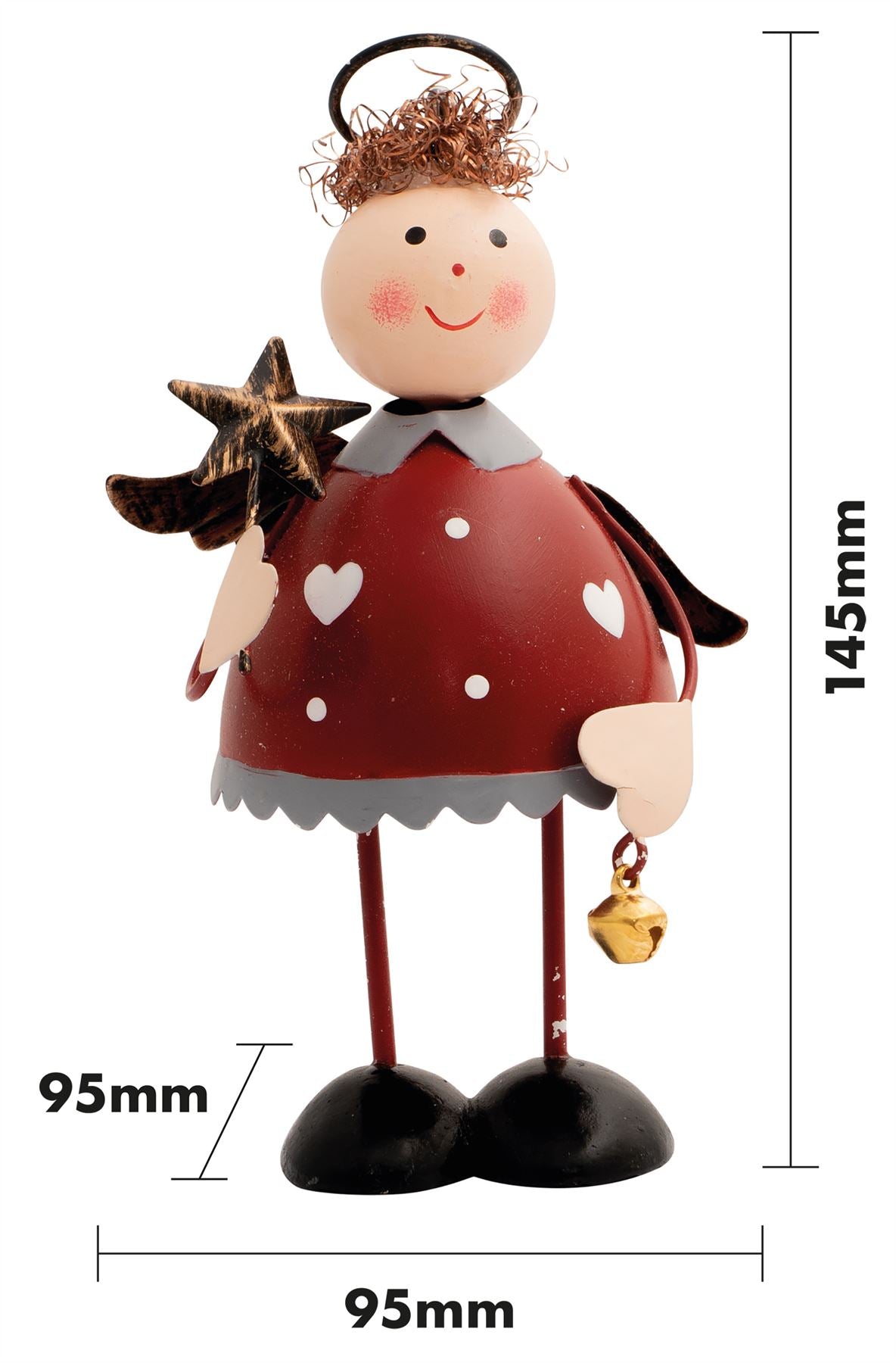 Standing Metal Christmas Angel Ornament Decoration with Wings Halo & Bell - Red