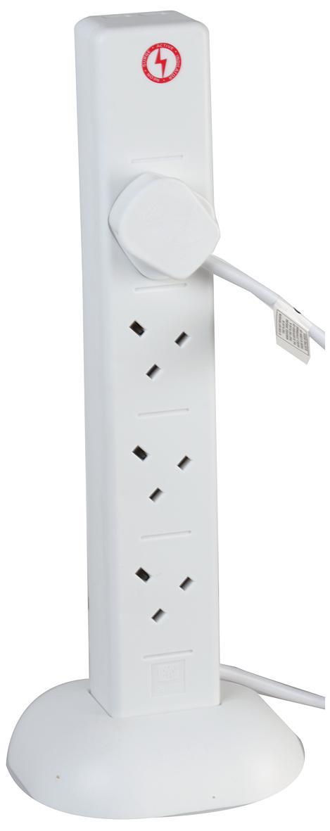 8 Gang Tower 5m Mains Extension Lead Socket Surge Protected 13A with USB Charge Ports - White