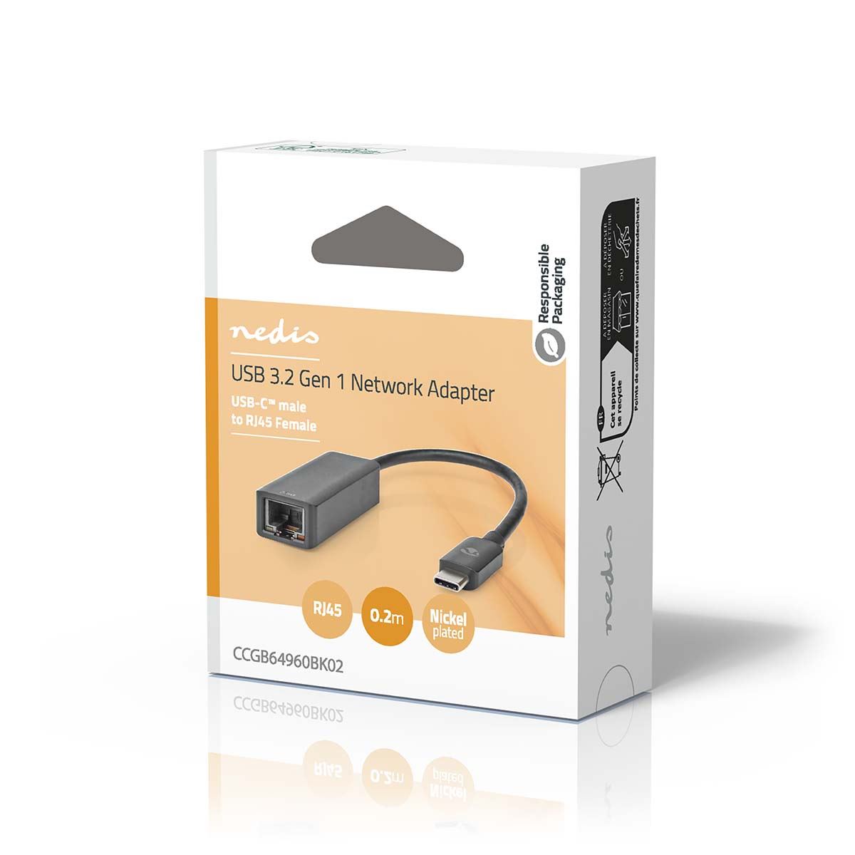 Nedis USB Network Adapter | USB 3.2 Gen 1 | 2.5 Gbps | USB-C™ Male | RJ45 Female | 0.20 m | Round | Nickel Plated | Tinned Copper | Black | Box