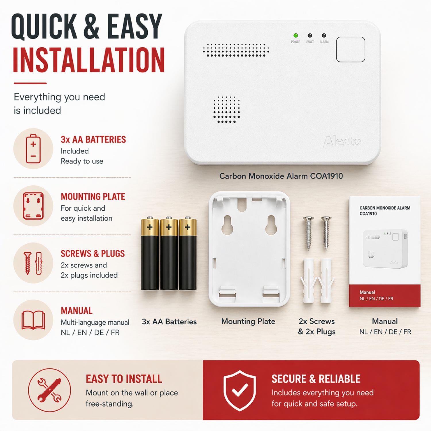 Alecto COA1910 Carbon monoxide Alarm with 10 year Sensor Runtime | LED Indication | EN50291-1:20180 | White