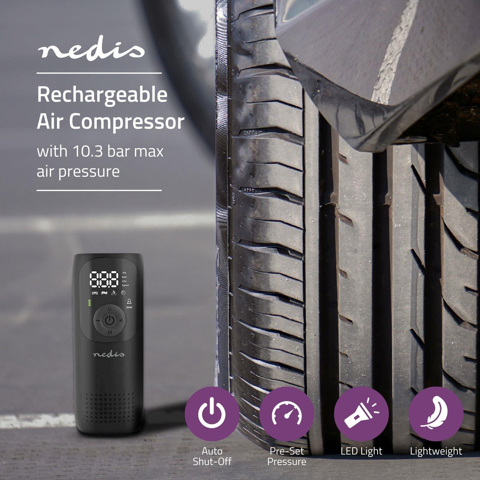 Nedis Portable Tyre Inflator, Rechargeable Air Compressor with Digital Display, LED Torch, 150 PSI Max Pressure, USB-C Charging, for Car, Bike, Motorcycle, Footballs, Inflatables & More