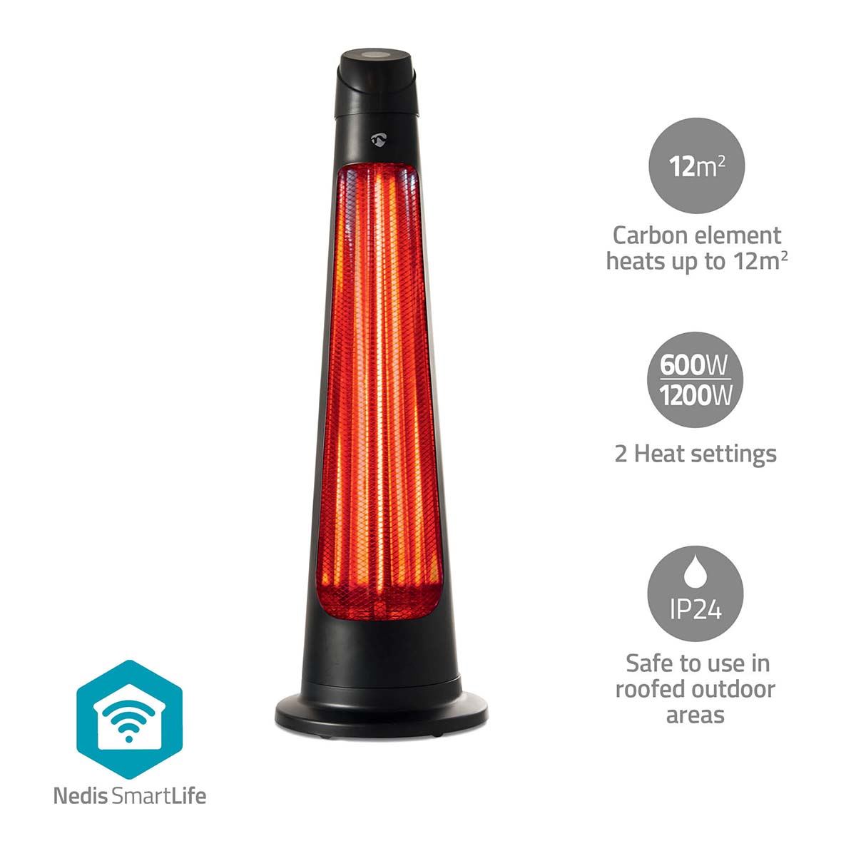 Nedis SmartLife Tower Patio Heater | Wi-Fi | 1200 W | 2 Heat Settings | Oscillation | Fall over protection | IP24 | Black