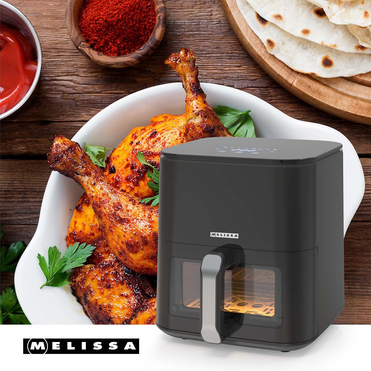 MELISSA Digital Hot Air Fryer XL | 5 l | 60-min Timer | 8 Presets | Viewing window | Black
