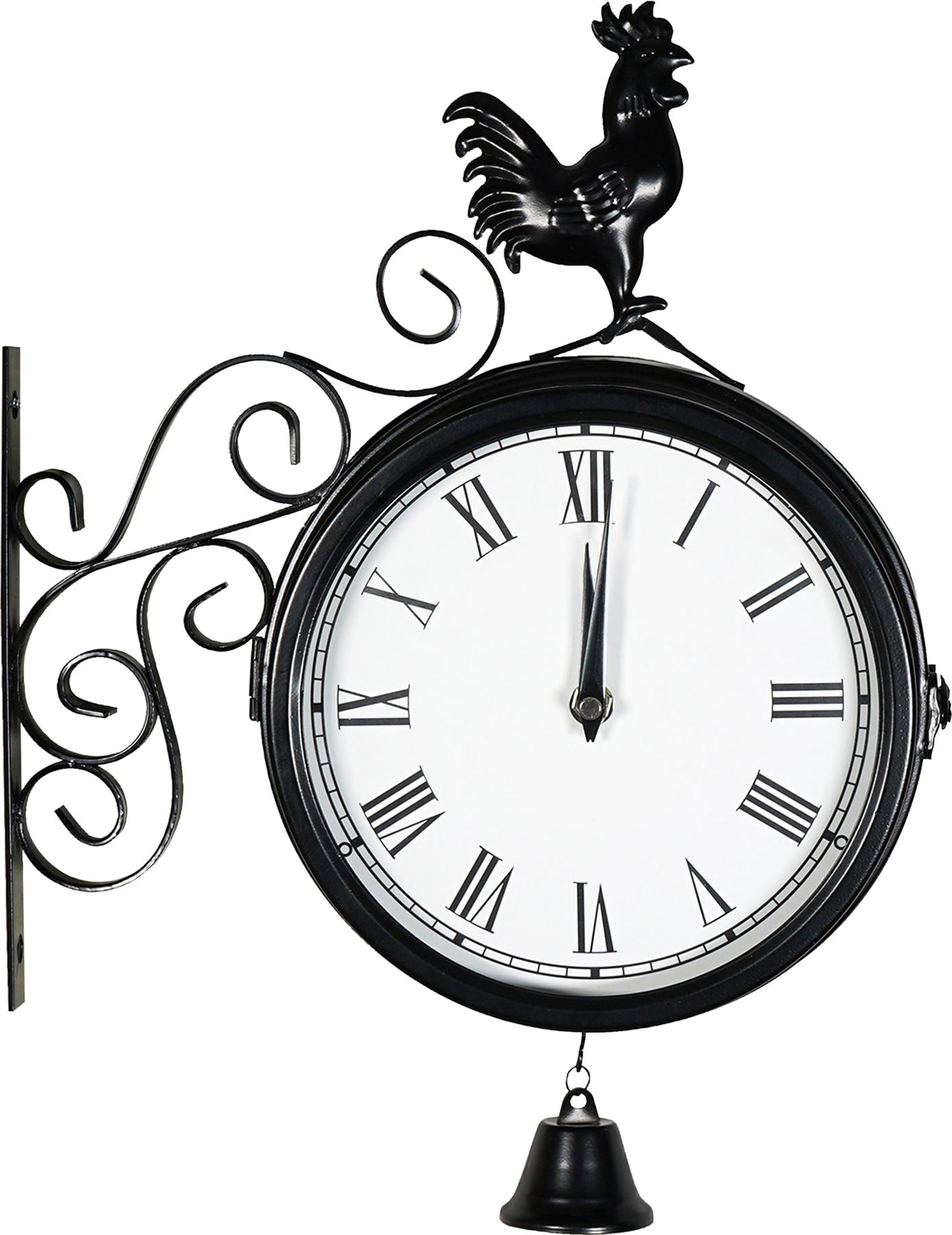 Large 20cm Double Sided Outdoor Station Wall Clock Retro Metal Rooster with Iron Bracket