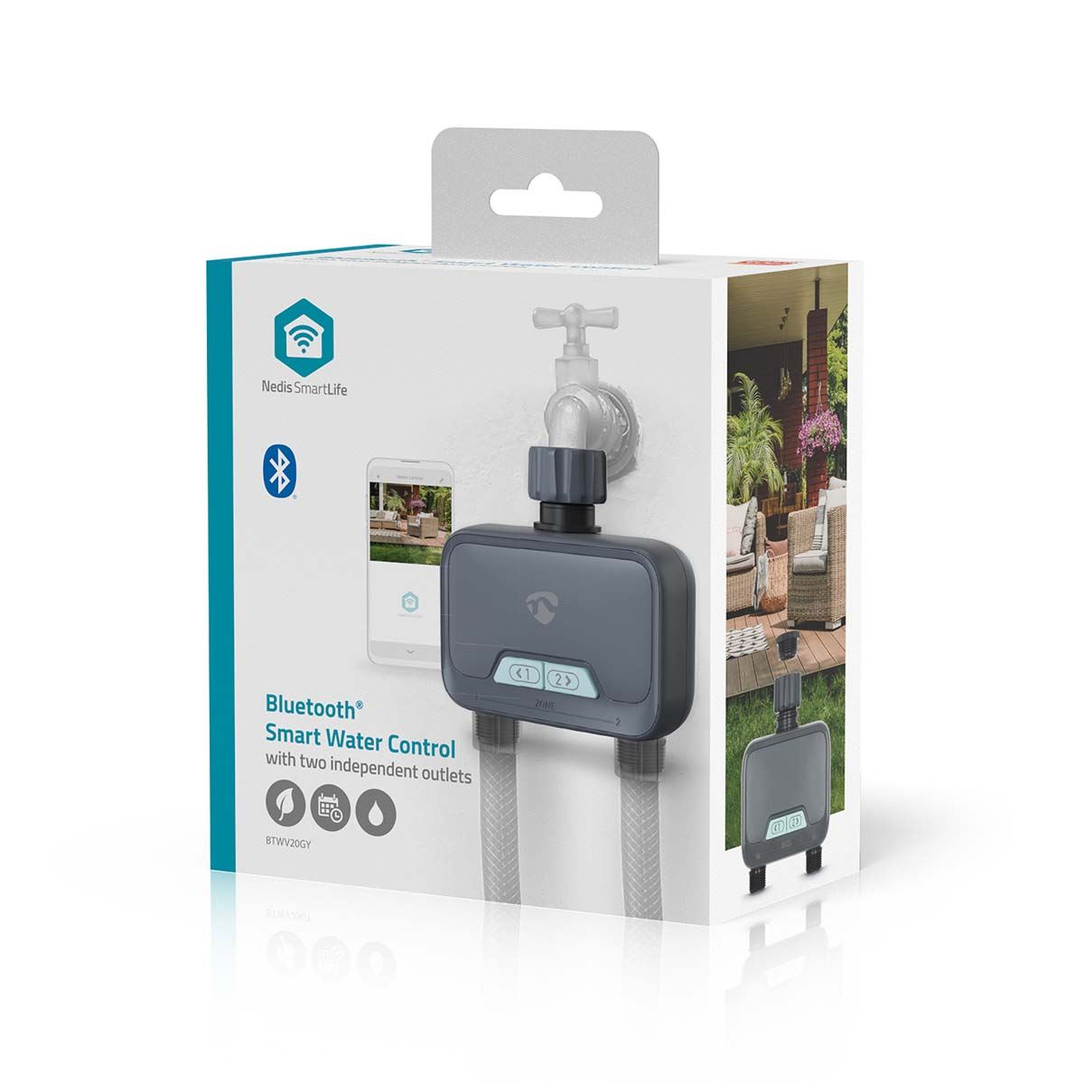 Nedis SmartLife Water Control, Bluetooth Garden Irrigation Timer with 2 Independent Zones, Manual & App Scheduling, Battery Powered, IP54 Waterproof, 3/4" & 1" Tap Connector