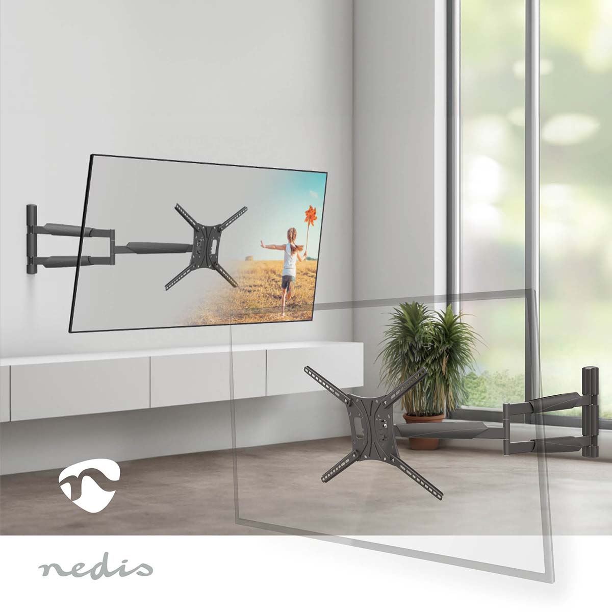 Nedis Full Motion TV Wall Mount | 13 - 86 " | Maximum supported screen weight: 60 kg | Tiltable | Rotatable | Minimum wall distance: 70 mm | Maximum wall distance: 1020 mm | 3 Pivot point(s) | ABS / Steel | Black