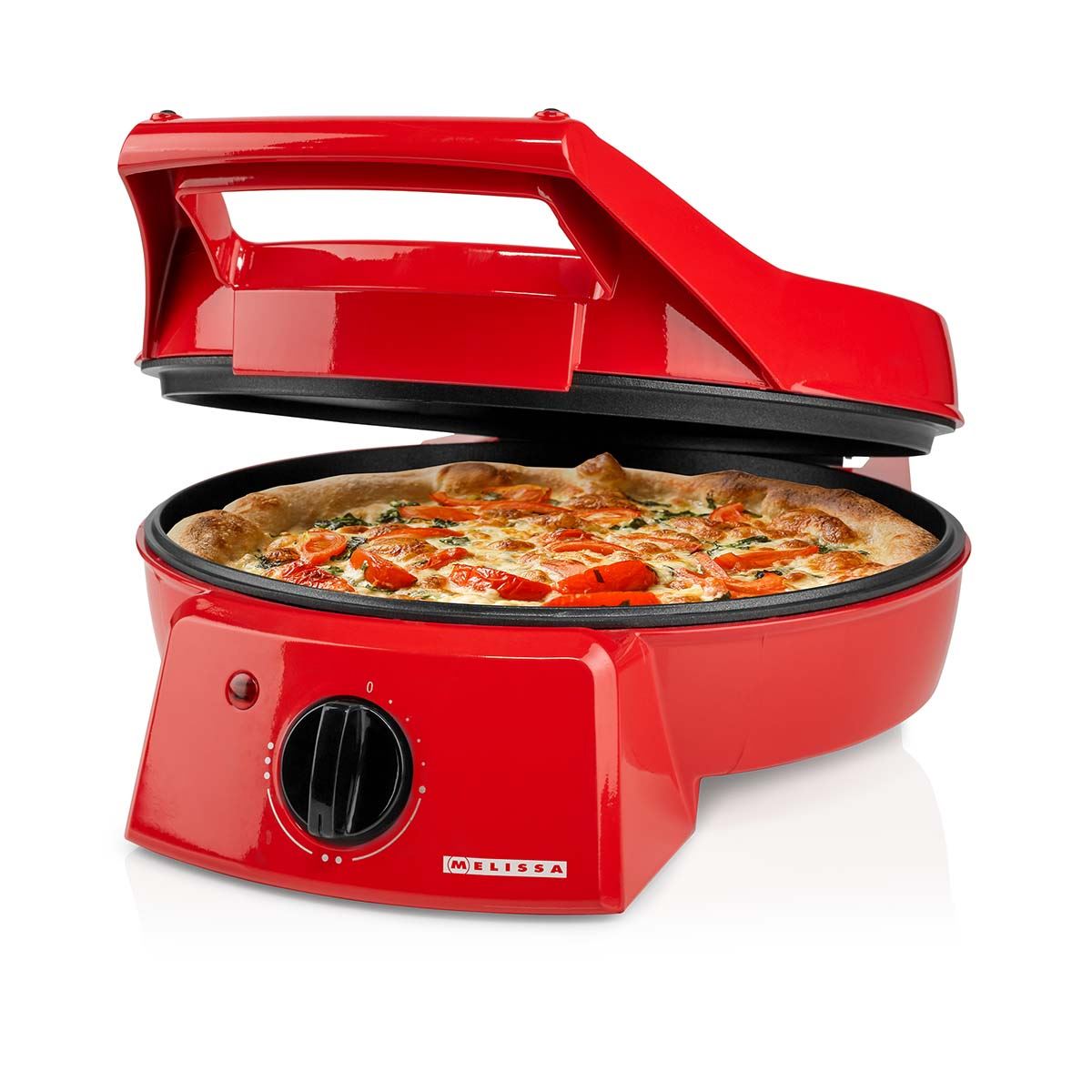 MELISSA 12" Electric Pizza Maker & Table Top Grill, Indoor Portable Pizza Oven with Non-Stick 12" Plates, 3 Heat Settings Max 230°C - Retro Red