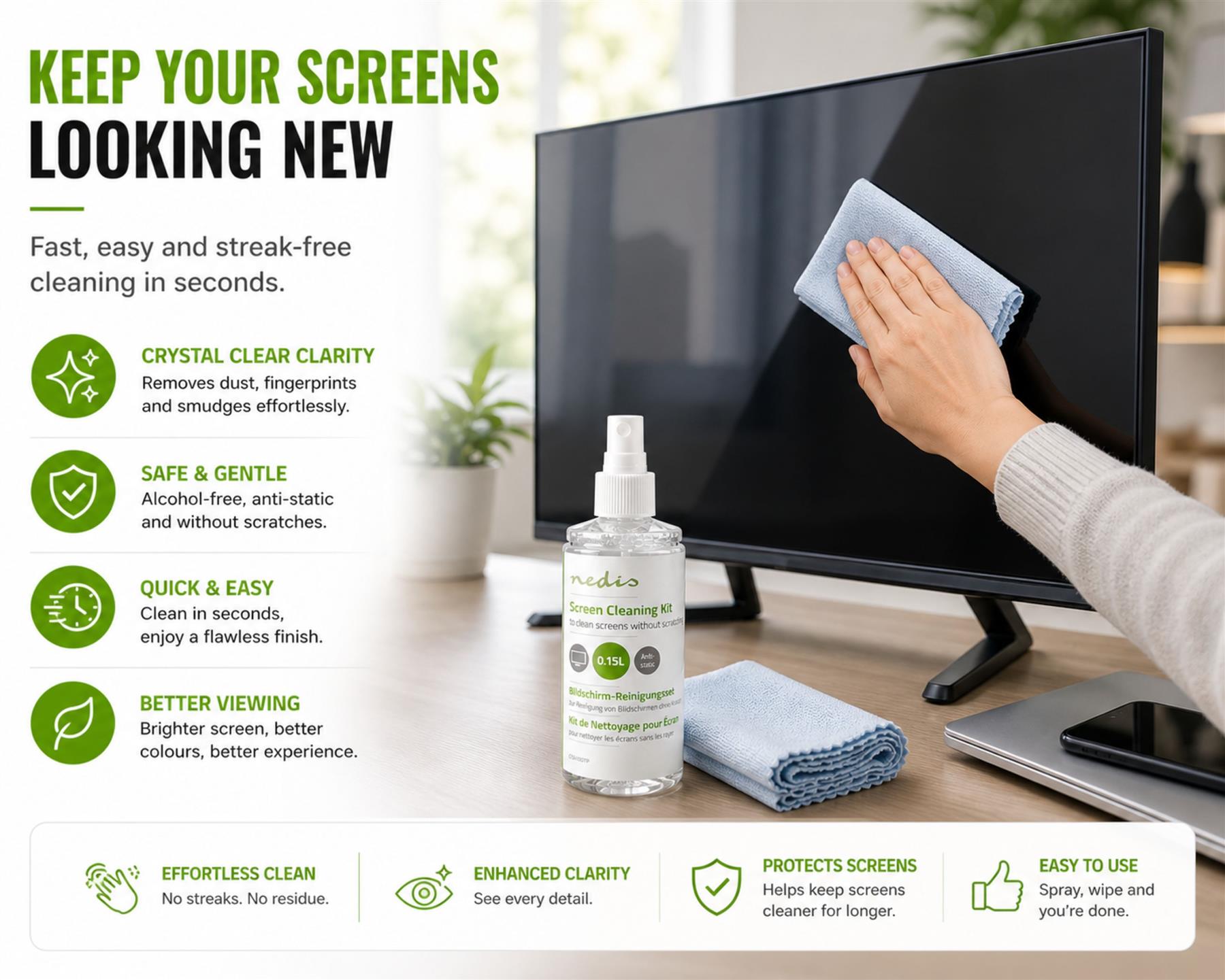 Nedis Screen Cleaner Kit, Anti-Static and Alcohol-Free Cleaning Spray and Microfibre Cloth - 150ml Spray