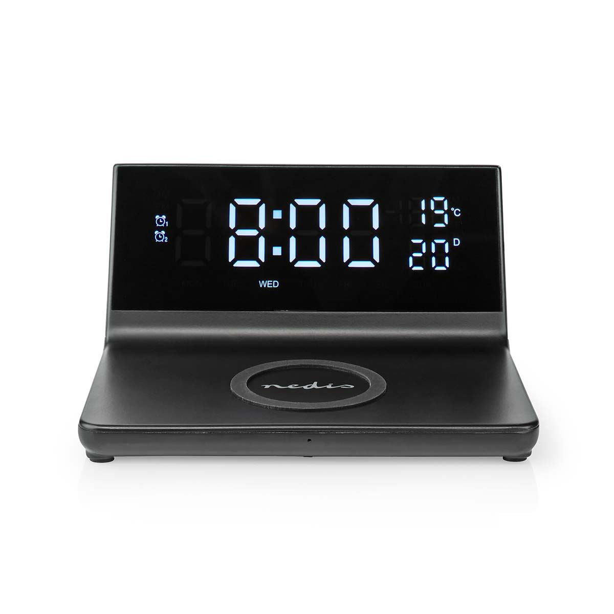 Nedis 3-in-1 Alarm Clock With Qi Wireless Charging, Led Clock, Dual Alarm, Snooze Function, USB Powered - Black