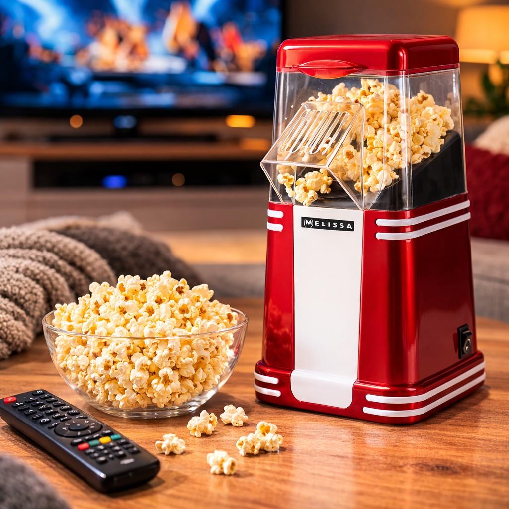 MELISSA Hot Air Popcorn Maker, Retro Table Top Machine for up to 60g of Healthy and Low Fat Popcorn, 1200W - Red/White