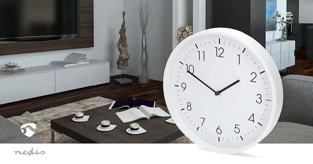 Nedis 30cm Wall Clock with Easy Read Numbers, Silent Movement, Battery Powered - White