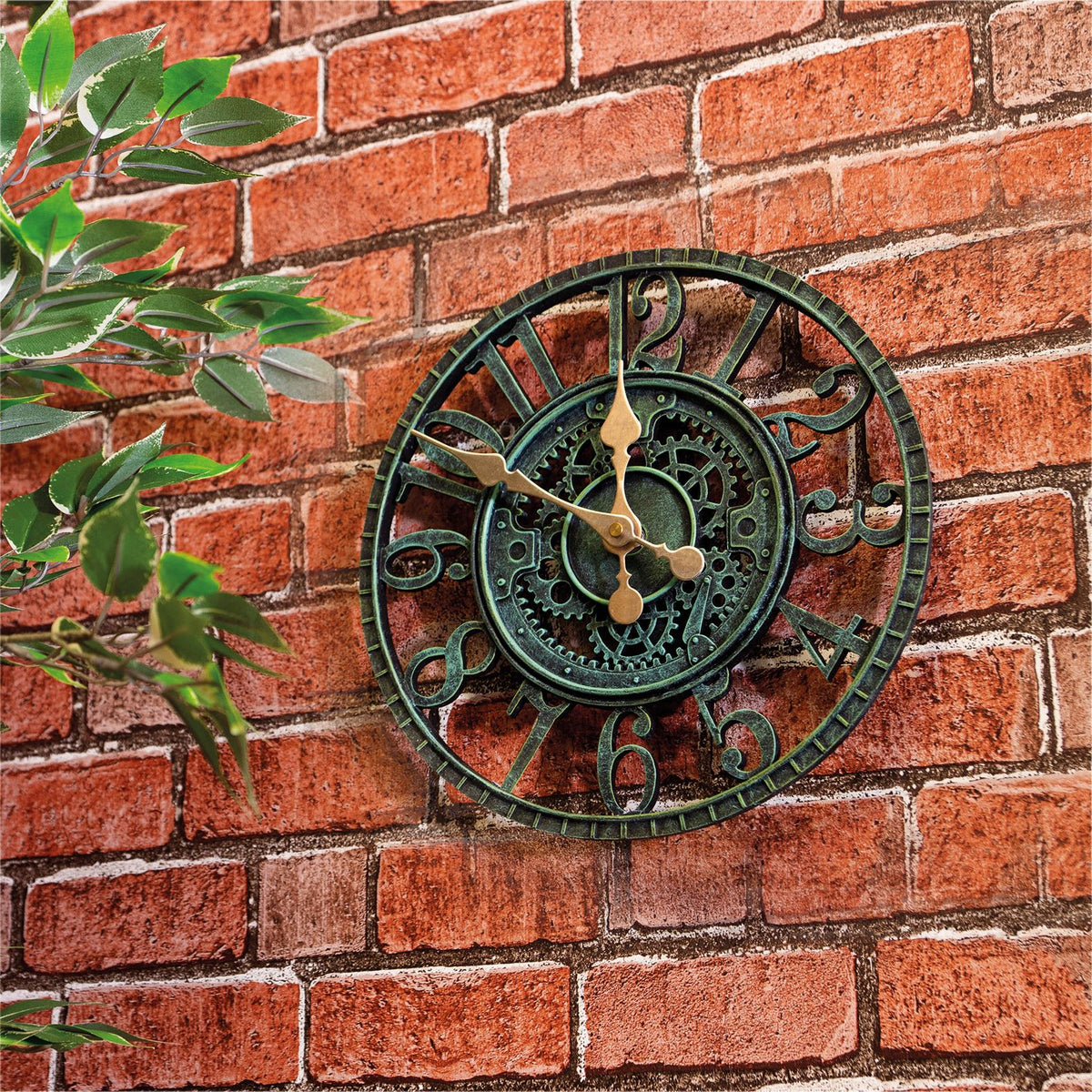Vintage 30cm Outdoor Wall Clock with Open Face Industrial Cog and Whee
