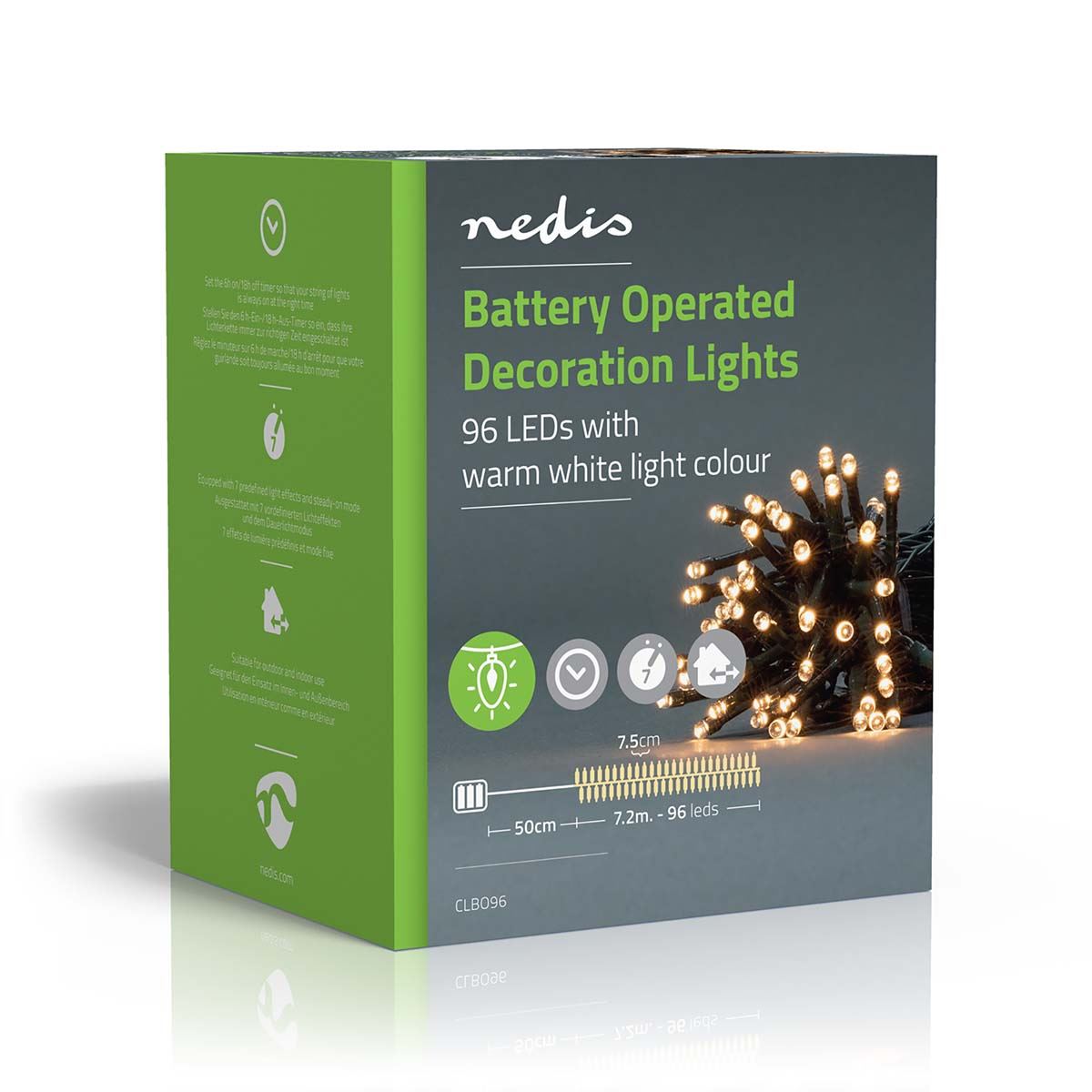 Nedis Christmas Lights | String | 96 LED's | Warm White | 7.20 m | Light effects: 7 | Indoor & Outdoor | Battery Powered