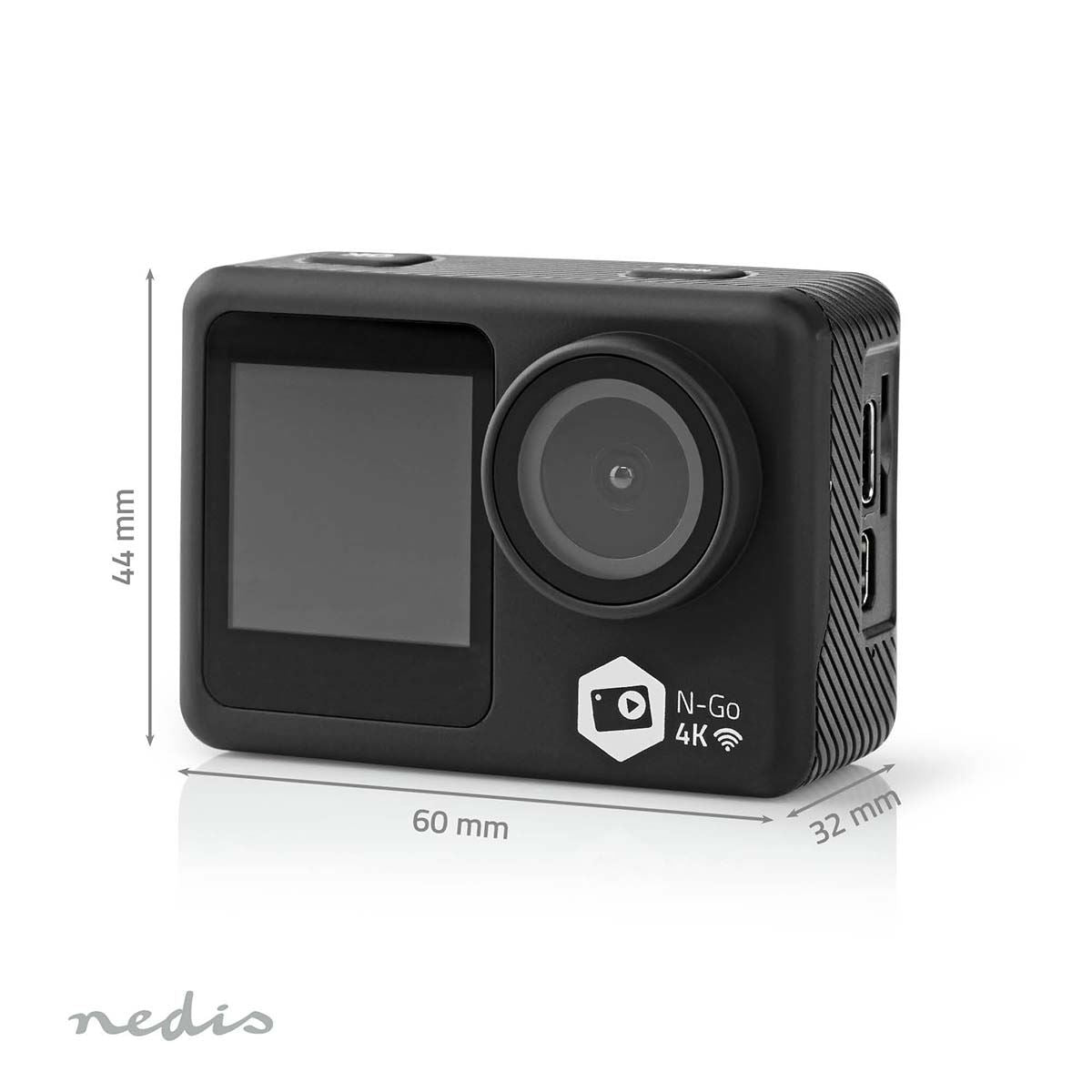 Nedis Dual Screen Action Cam, 4K Ultra HD 30fps, 16MP Photos, 2" Touch Back Screen, 1.3" Front Screen for Selfies & Vlogging, Waterproof to 30m with Mounting Kit and Wi-Fi Connectivity