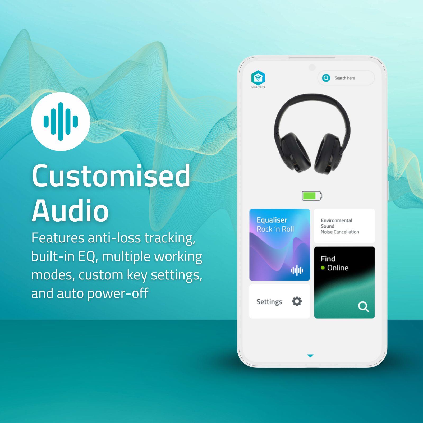 Nedis Smart Bluetooth Over-Ear Headphones, Hybrid ANC & ENC Noise Cancelling, 28h Playtime, USB-C, Mic, EQ Modes, App & Voice Control, Foldable - Black