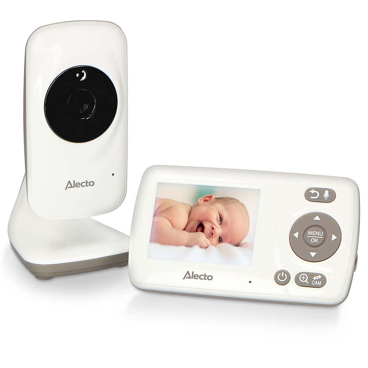 Alecto DVM-71 Video Baby Monitor with Camera, 2.4" Inch No Wifi Baby Monitor, Temperature, Night Vision, Lullaby, Two-Way Audio - White / Taupe