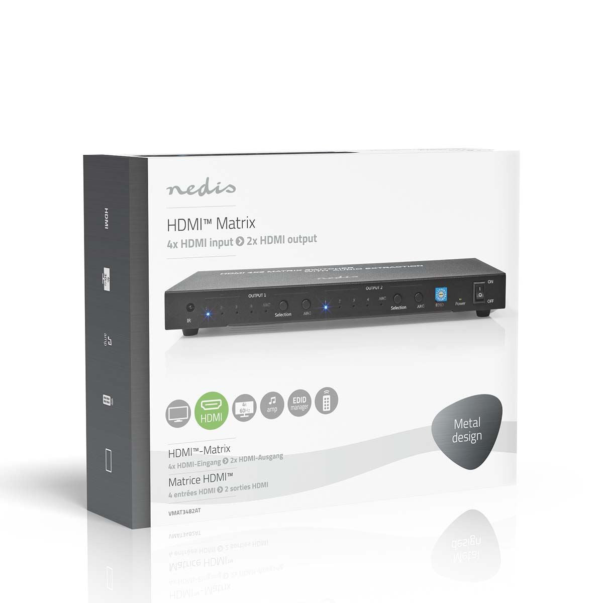 Nedis HDMI™ Matrix Switch | 4 x 2 port(s) | 4x HDMI™ Input | 2x 3.5 mm / 2x HDMI™ Output / 2x TosLink | 4K@60Hz | 18 Gbps | Remote controlled | Metal | Anthracite