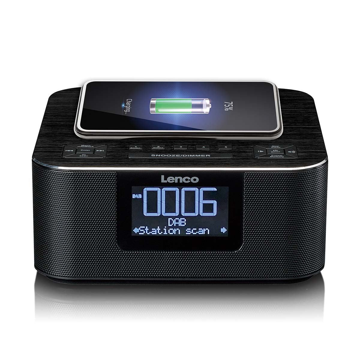 Lenco DAB+ FM Alarm Clock Radio with USB and Qi Wireless Smartphone Charging Pad | Black