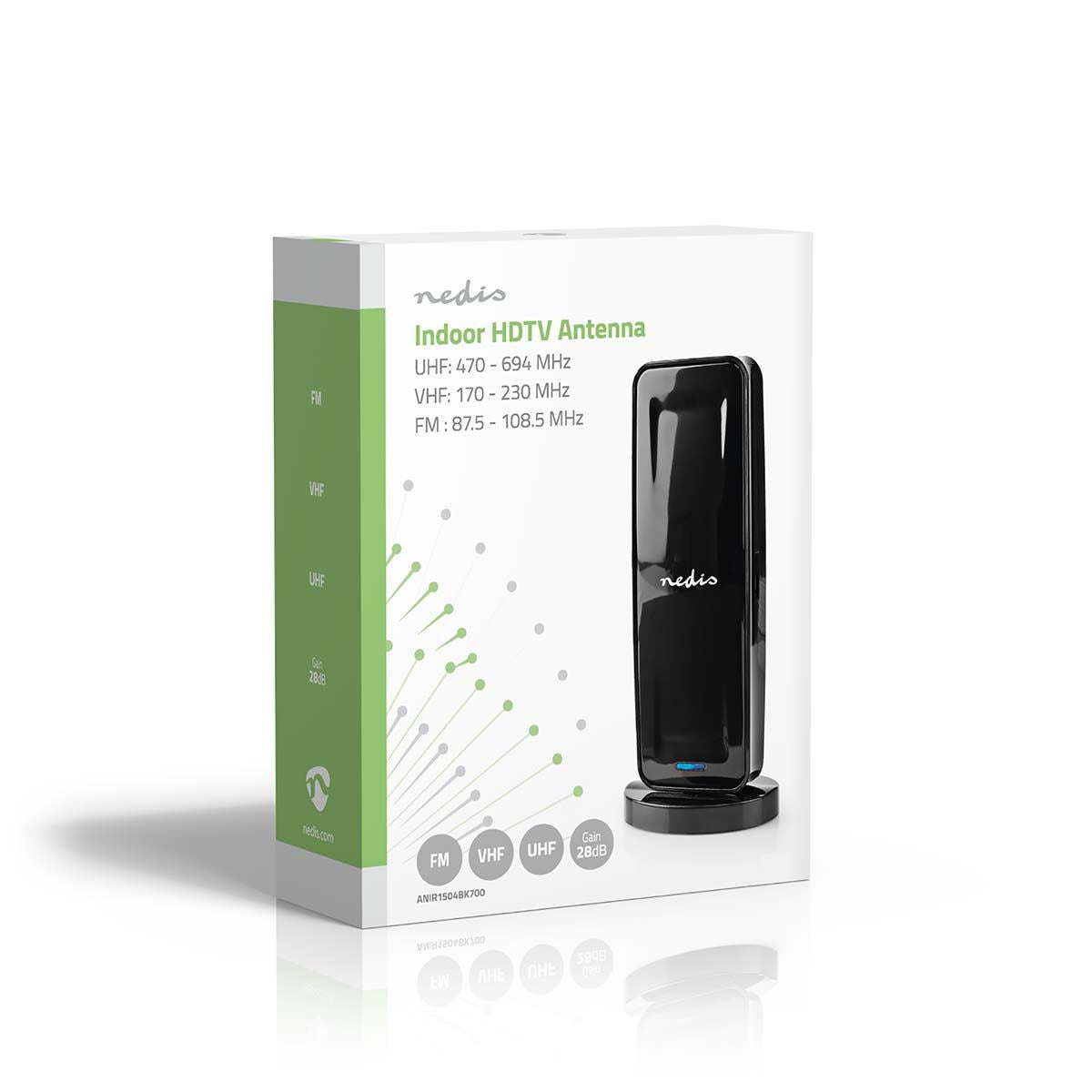 Nedis Indoor HDTV Antenna 15km 28dB High Gain, Digital DVB-T/DVB-T2 / UHF/VHF/FM TV Aerial for Freeview and Analogue Signals, with 4G LTE700 Filter