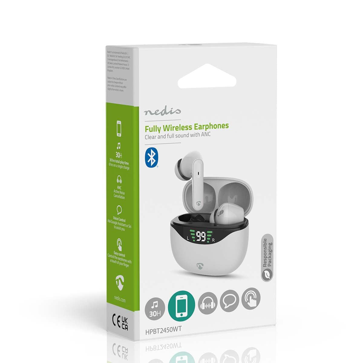 Nedis Fully Wireless ANC Earphones, Bluetooth 5.3, Up to 30h Playtime with Charging Case, Touch Control, Built-In Mic, Instant Pairing, Voice Assistant Support