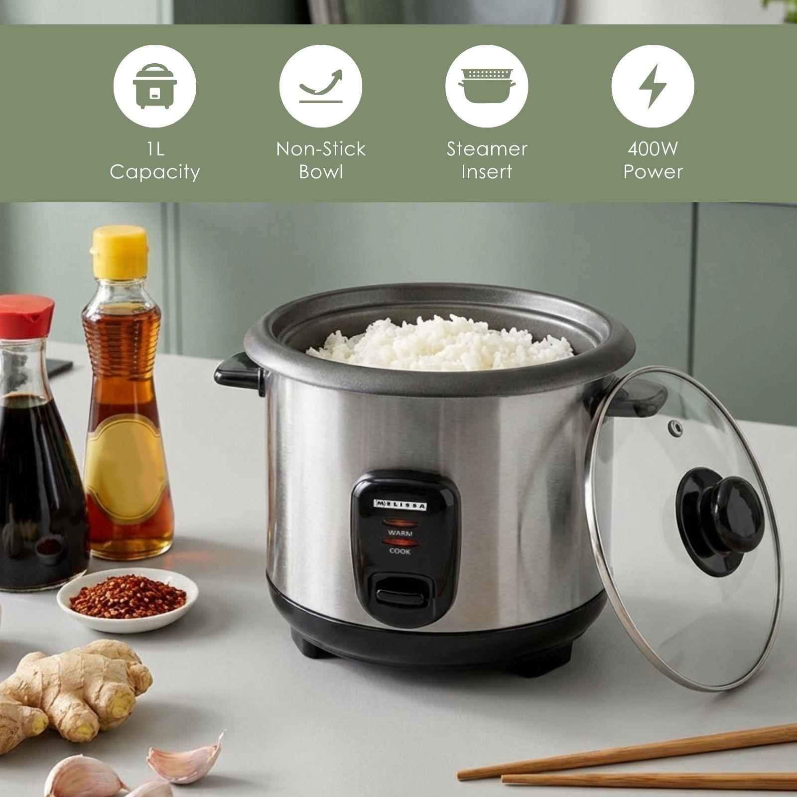 MELISSA 1L Rice Cooker with Keep-Warm Function & Boil Dry Protection, 500W, for 1-6 People, Quick Preparation Without Burning, Non-Stick Coating, Stainless Steel