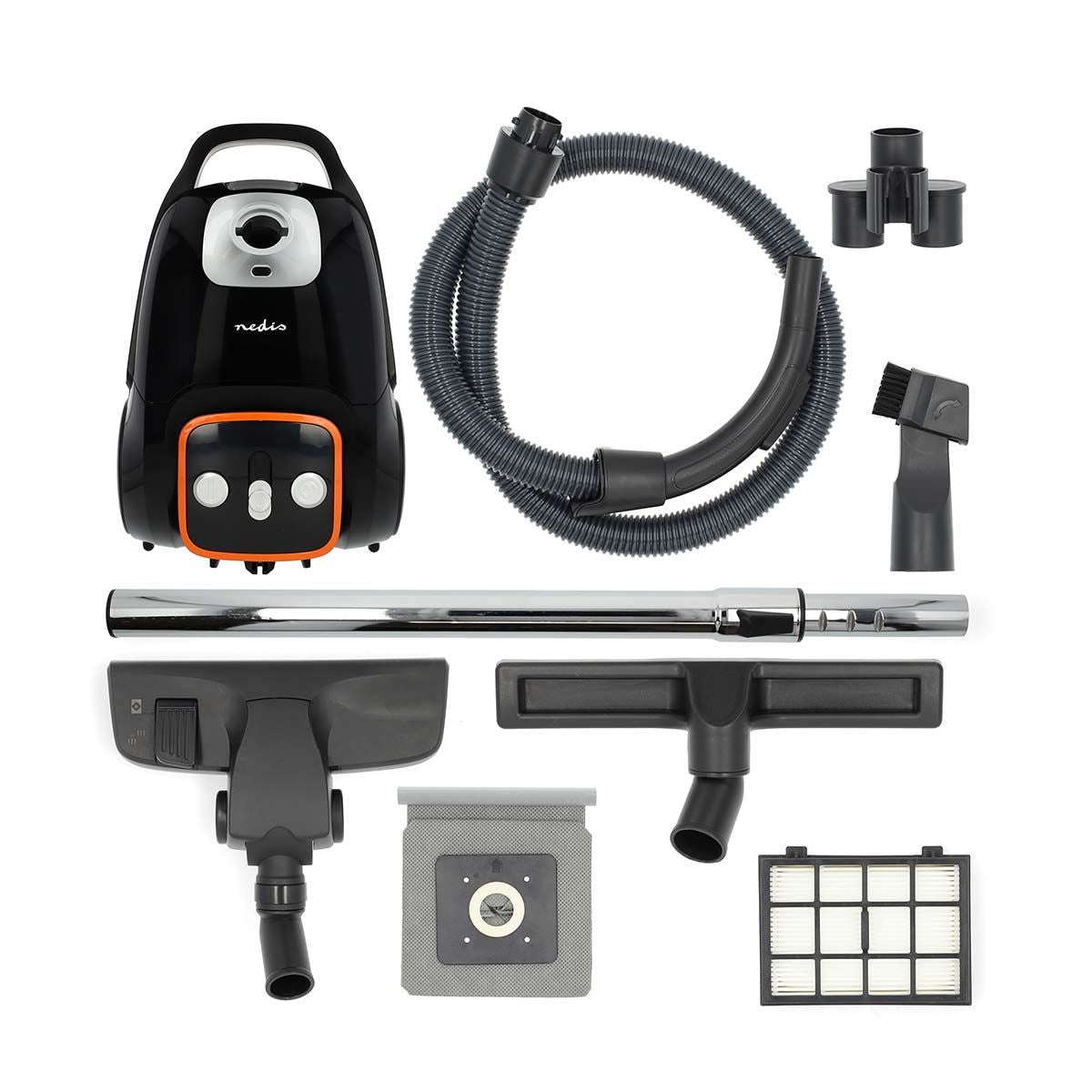 Nedis Vacuum Cleaner | With Bag | 700 W | Dust capacity: 3.0 l | Combi Brush | Action radius: 9.00 m | Vacuum cleaner suction control | Hepa 13 | Anthracite / Black / Orange