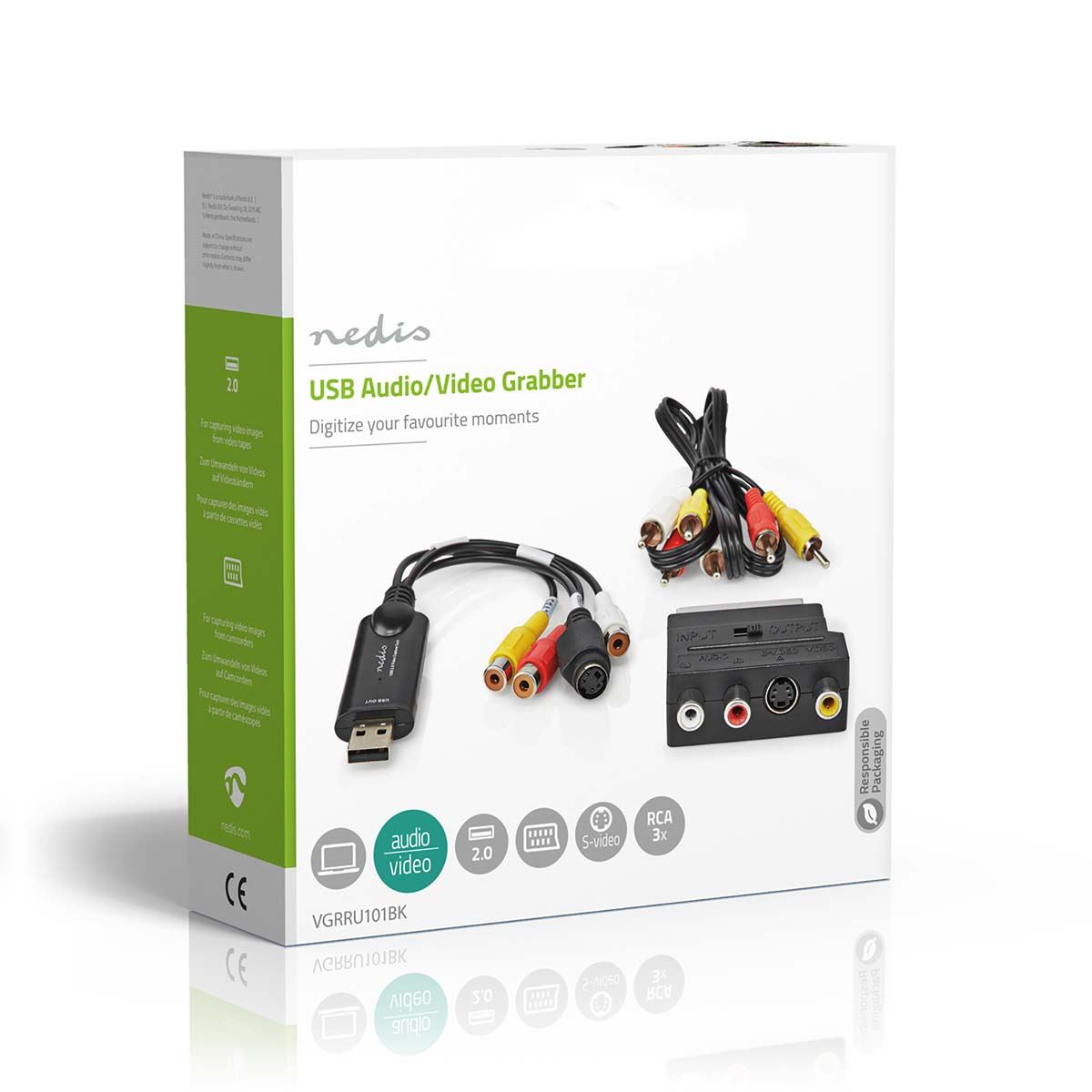 Nedis USB 2.0 Video Grabber Capture, RCA to USB Audio Video Converter with Extension Cord, Convert VHS Mini DV Hi8 DVD VCR to Digital Converter