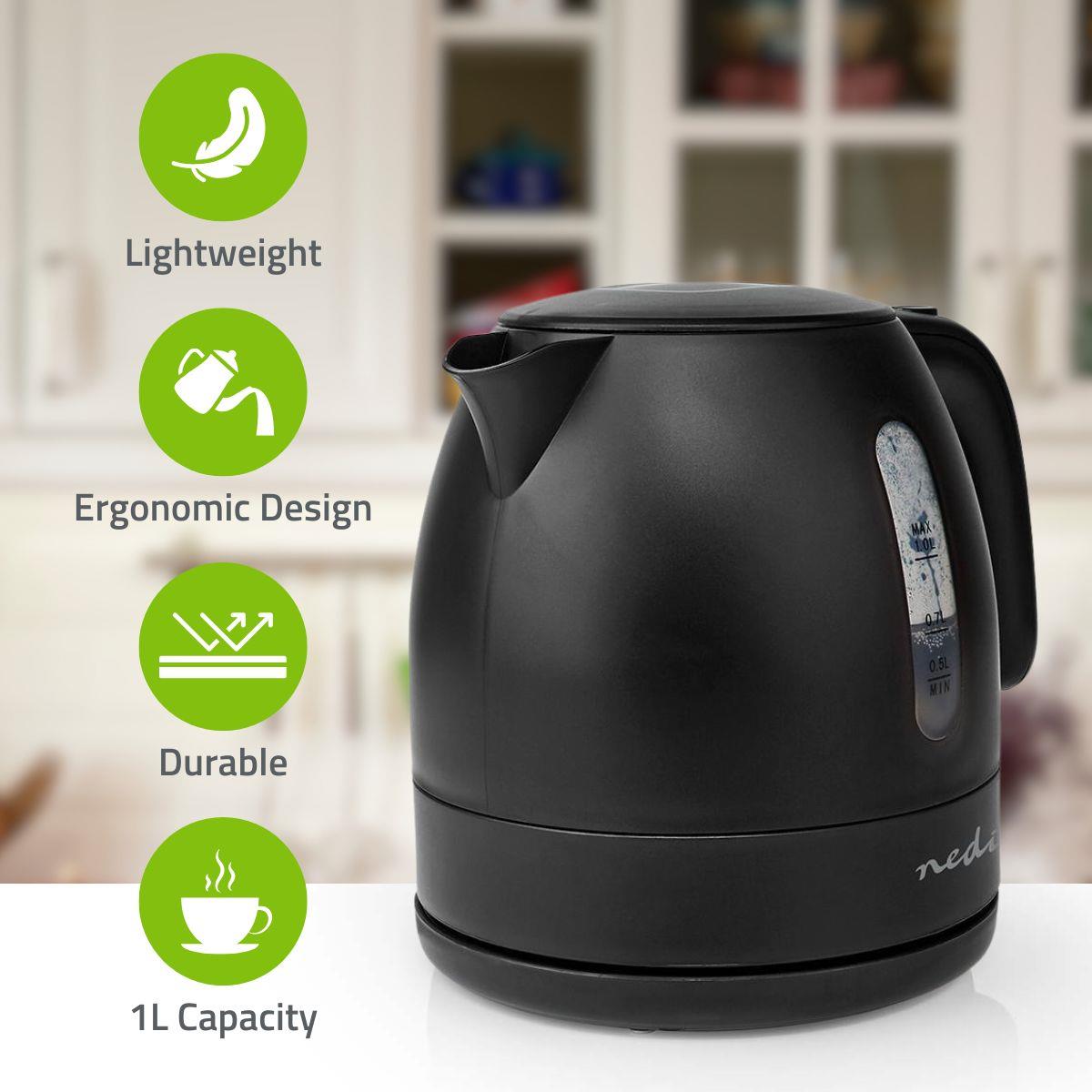 Nedis Electric Kettle, 1.0L Capacity with Quick Boil Time, Boil-Dry Protection and Removable Filter for Fresher Water, 2150W - Black