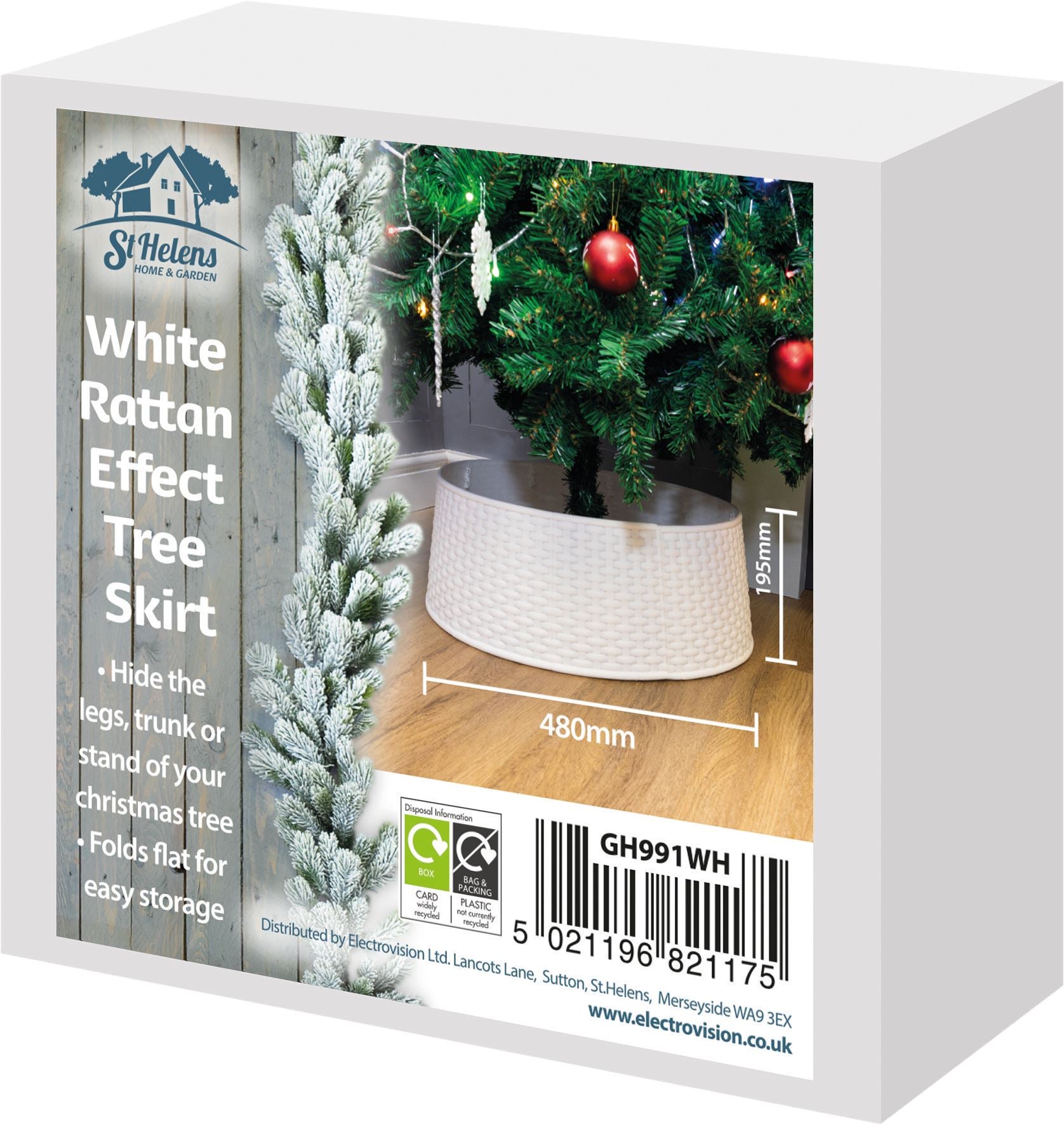 Rattan Effect Christmas Tree Skirt Easy Fold Stand Cover Base Decoration - White