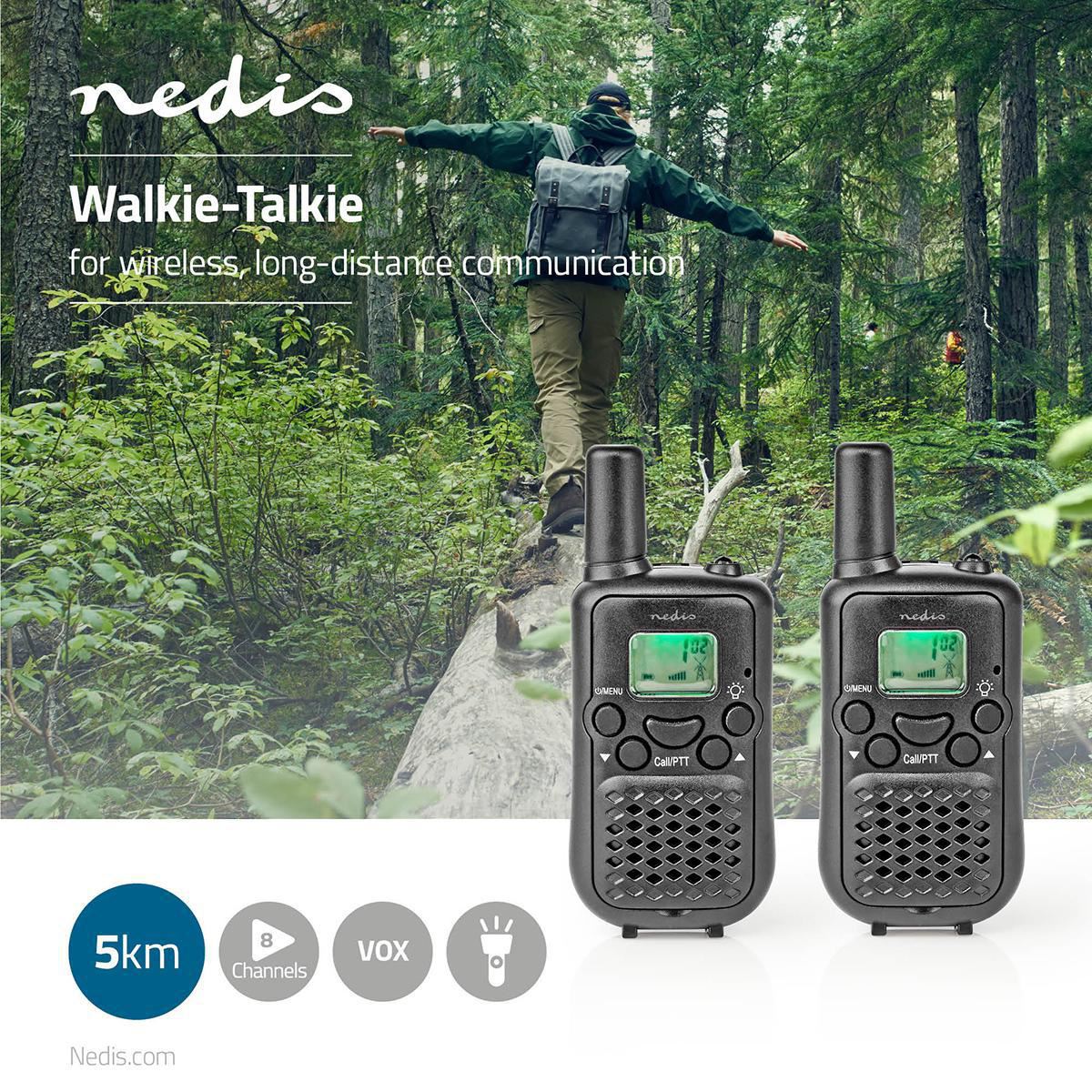 Nedis Walkie Talkies for Adults Long Range Two Way Radios - PMR Walky Talky PTT VOX Easy to Use 8 Ch | 5km | 2.5 Hour | Black