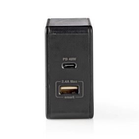 Nedis EU Euro Travel Wall Charger | 57 W | PD3.0 45W | Quick charge feature | 2.25 / 2.4 / 3.0 A | Number of outputs: 2 | USB-A / USB-C™ | No Cable Included | Automatic Voltage Selection | Black