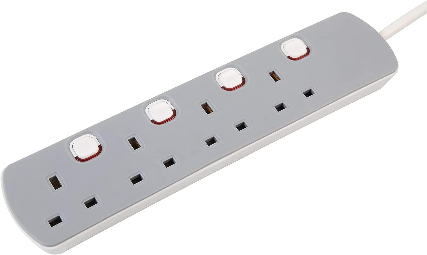 4 Gang 10m Mains Extension Lead Socket Individually Switched 13A - Grey