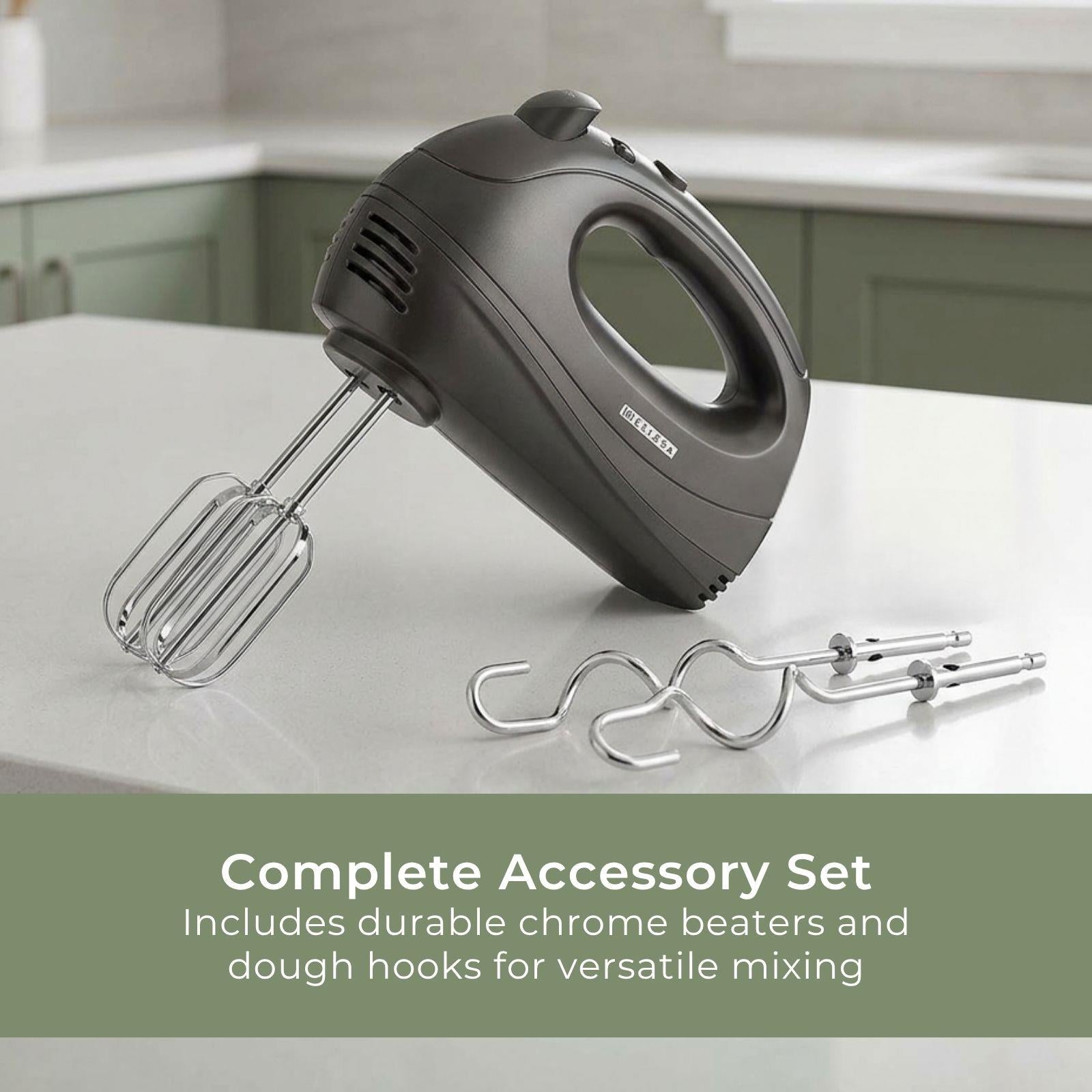 MELISSA Electric Hand Mixer with 5 speeds & turbo setting, 2 chrome plated beaters, all dishwasher safe, Easy release button, 300w - Black