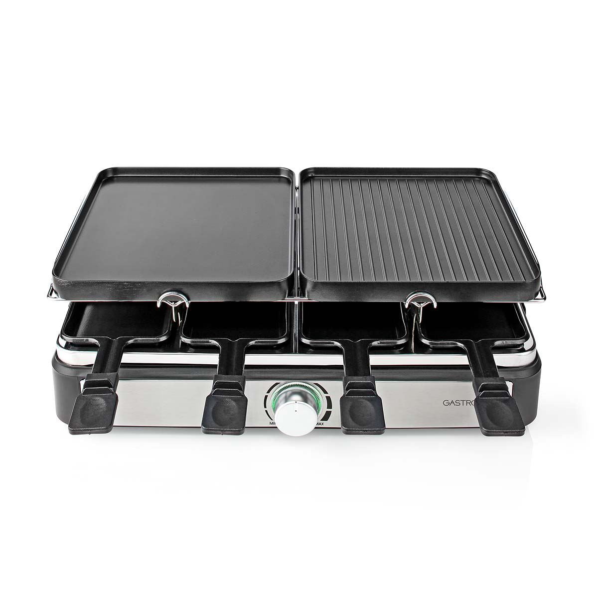 Gastronoma Electric Raclette Gourmet Stone Grill, 8 Person Indoor Non-Stick Tabletop Cooker, Removable Hot Plate, Adjustable Thermostat, with 8 x Mini Cheese Pans & Spatulas, 1400W