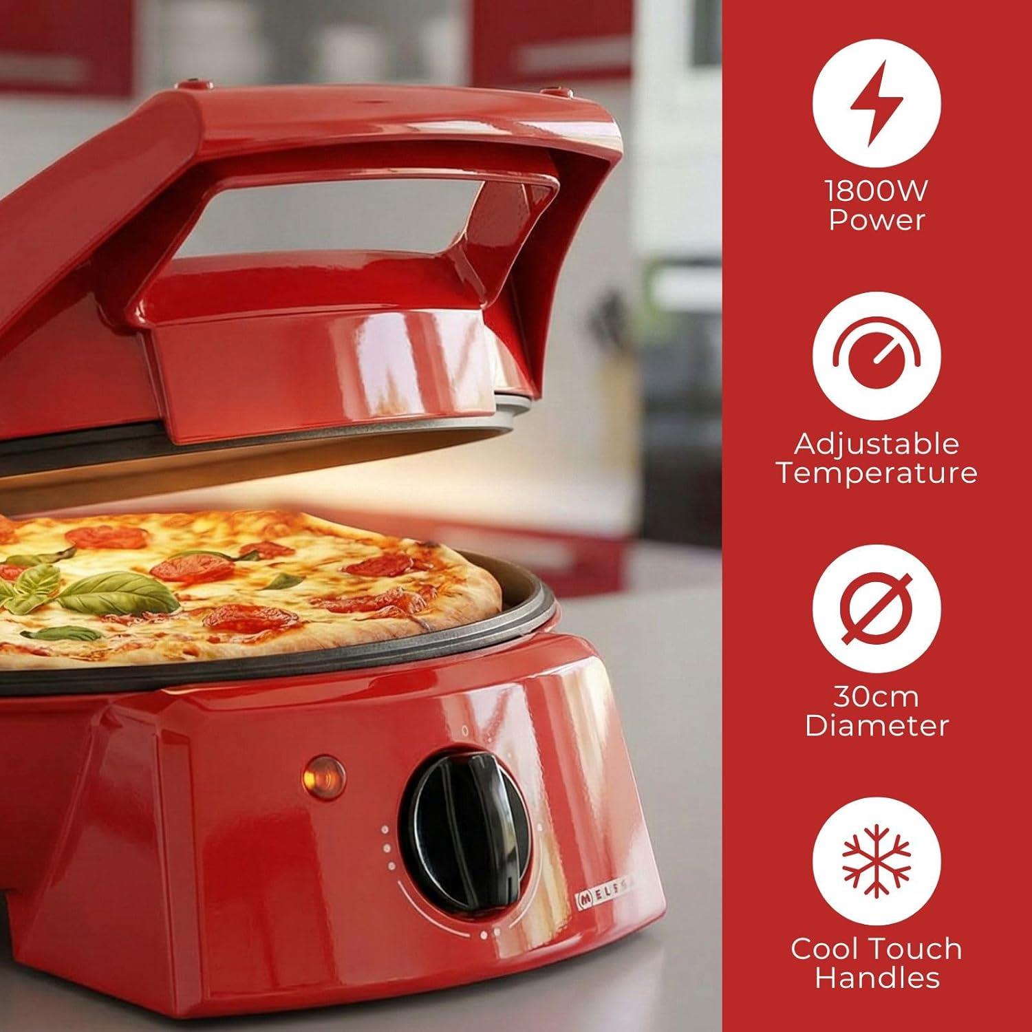 MELISSA 12" Electric Pizza Maker & Table Top Grill, Indoor Portable Pizza Oven with Non-Stick 12" Plates, 3 Heat Settings Max 230°C - Retro Red