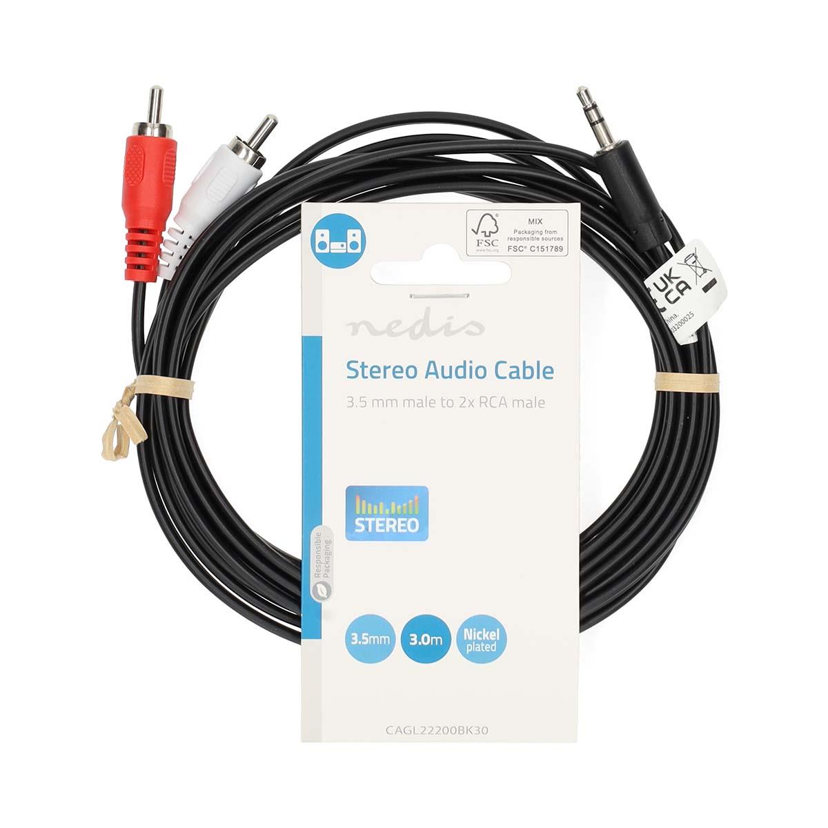 Nedis Stereo Audio Cable | 3.5 mm Male | 2x RCA Male | Nickel Plated | 3.00 m | Round | Black | Label