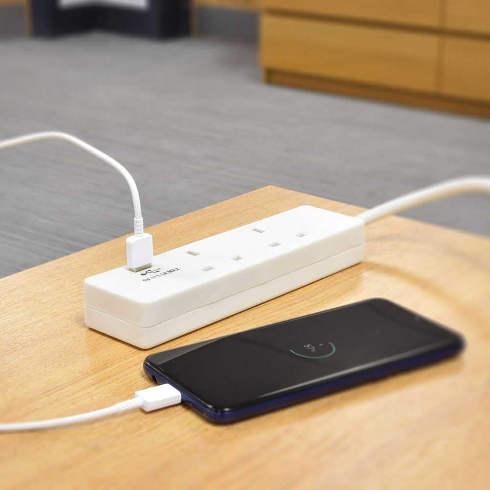 2m Desktop Mains Extension 2 Gang with USB Charger Port - White