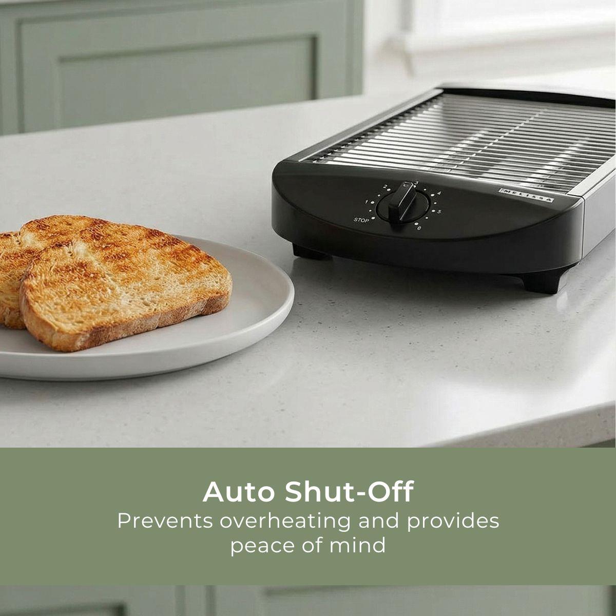 MELISSA Flat Toaster all types of Bread / Baked Goods, 600W, Timer with 6 Toast Levels, Buzzer and Crumb Tray - Black