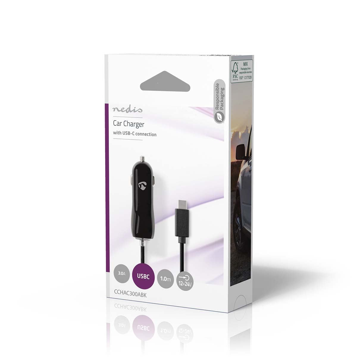 Nedis Car Charger | 15 W | 1x 3.0 A | Number of outputs: 1 | USB-C™ (Fixed) Cable | 1.00 m | Single Voltage Output