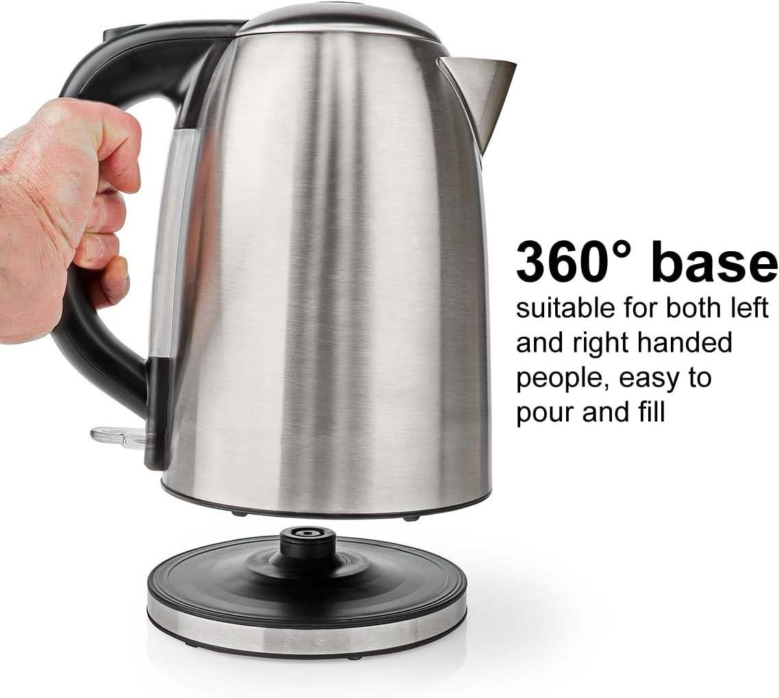 Nedis 1.7L Electric Kettle Cordless Silver 2200W Boil Dry Protection Auto Switch Off