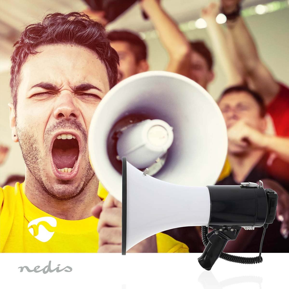 Nedis Megaphone | Maximum range: 1500 m | Maximum Volume control: 120 dB | Detachable Microphone | Built-in siren | Bluetooth® | Recording function | USB playback | Shoulder strap | Black / White
