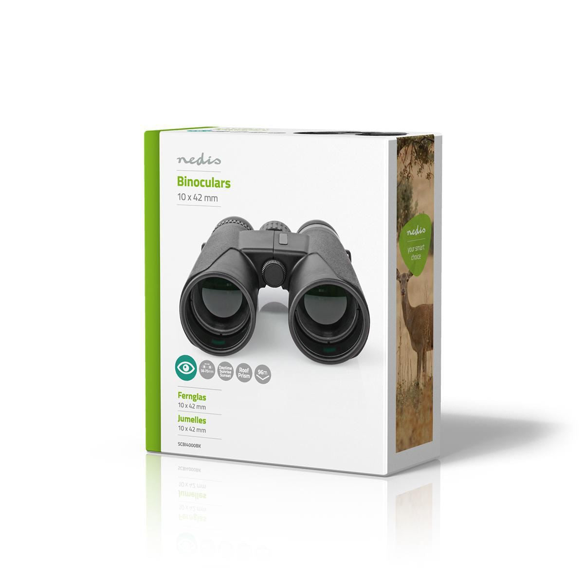 Nedis Binoculars 10x42 Roof Prism, Lightweight Travel Model with Rubber Grip, Dioptric Correction & 12mm Eye Relief for Spectacle Wearers, Black, Blue Lens