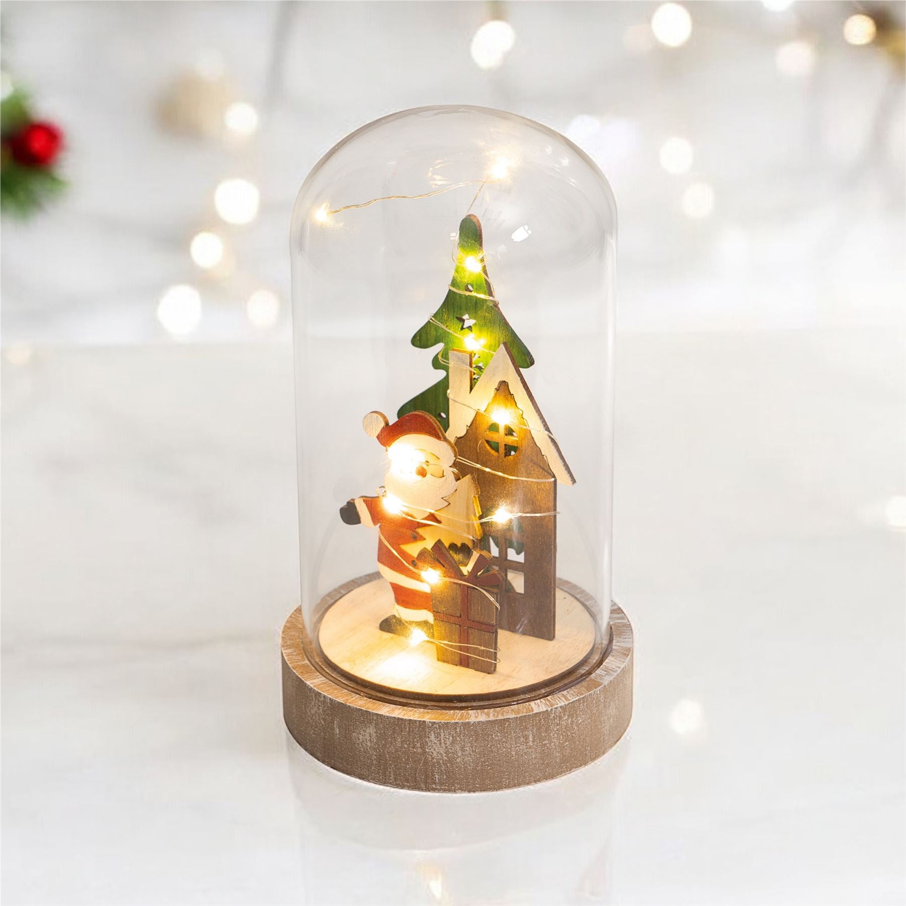 Light Up Cloche Santa Father Christmas Scene with Glass Dome and Wire LED Lights Battery Powered