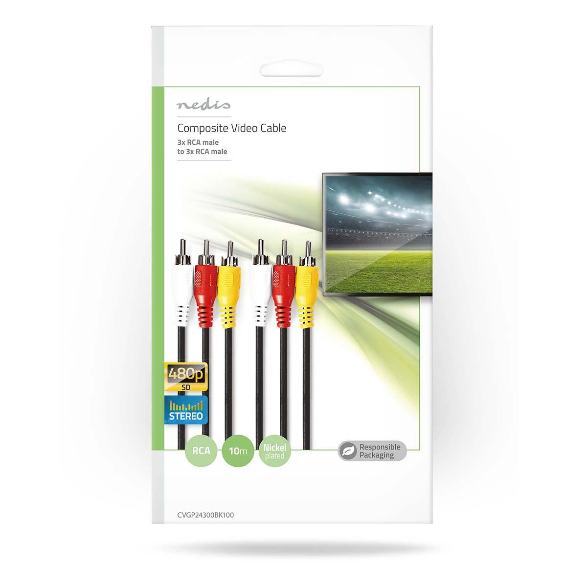 Nedis Composite Video Cable | 3x RCA Male | 3x RCA Male | Nickel Plated | 480p | 10.0 m | Round | PVC | Black | Envelope