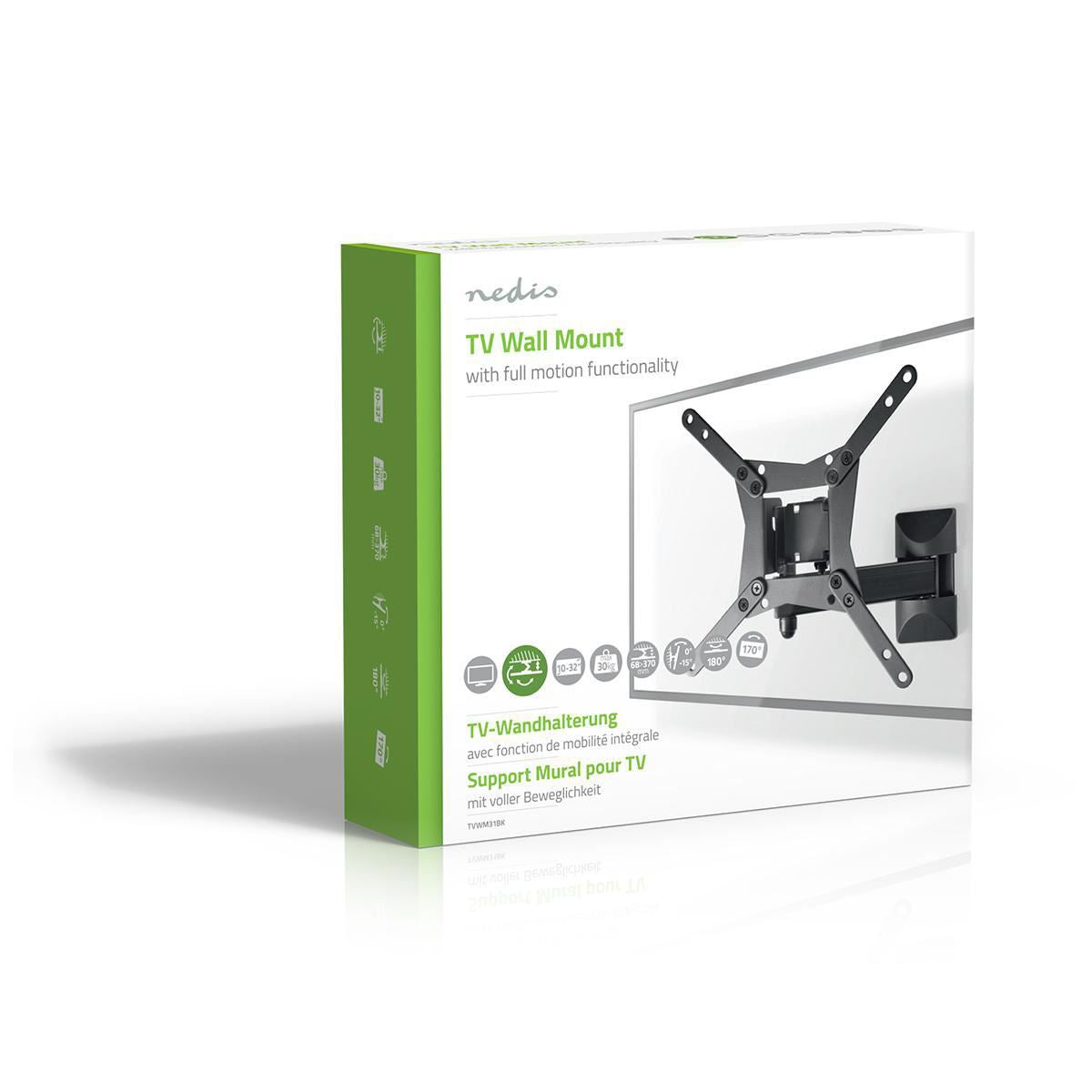 Nedis Full Motion TV Wall Mount | 10 - 32 " | Maximum supported screen weight: 30 kg | Tiltable | Rotatable | Minimum wall distance: 68 mm | Maximum wall distance: 370 mm | 3 Pivot point(s) | Steel | Black