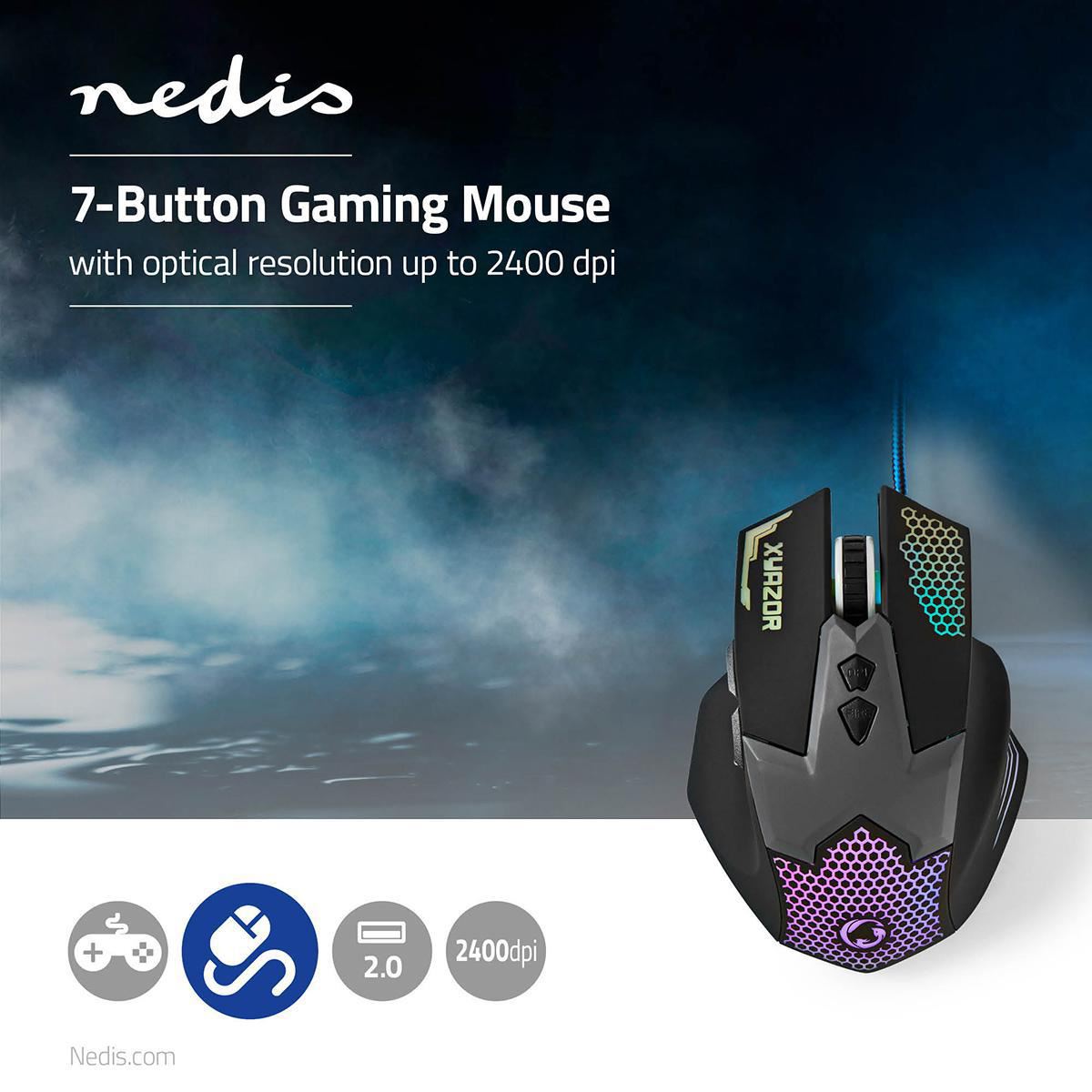 Nedis Gaming Mouse | Wired | 800 / 1200 / 1600 / 2400 dpi | Adjustable DPI | Number of buttons: 7 | Right-Handed | 1.50 m | LED