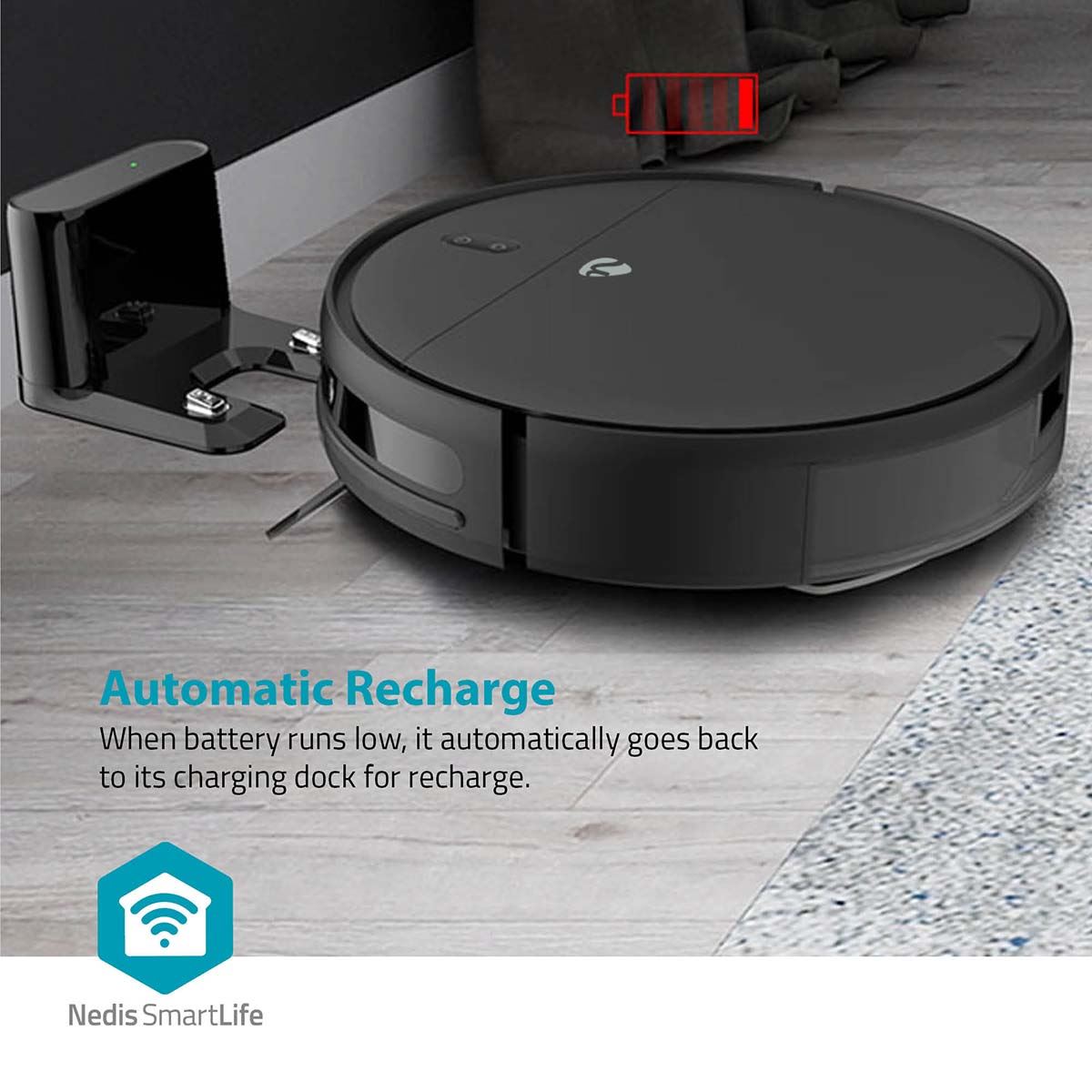 Nedis SmartLife Robot Vacuum Cleaner | Random | Wi-Fi | Capacity collection reservoir: 0.2 l | Automatic charging | Maximum operating time: 1.8 hrs | Black | Android™ / IOS