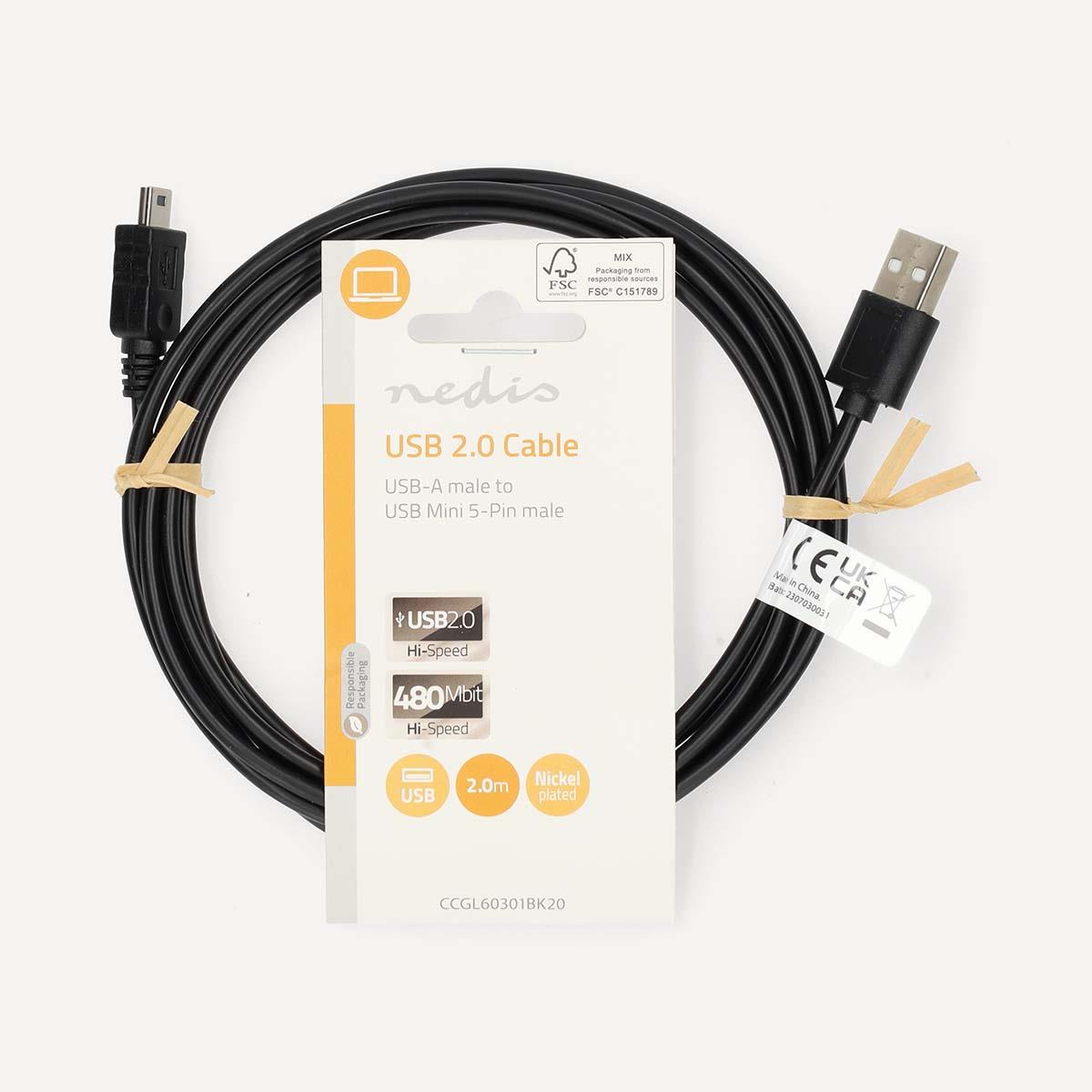 Nedis USB Cable | USB 2.0 | USB-A Male | Mini 5-Pin Male | 480 Mbps | Nickel Plated | 2.00 m | Round | PVC | Black | Label
