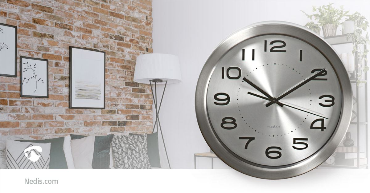 Nedis 30cm Wall Clock with Easy Read Numbers, Battery Powered -  Stainless Steel / Silver